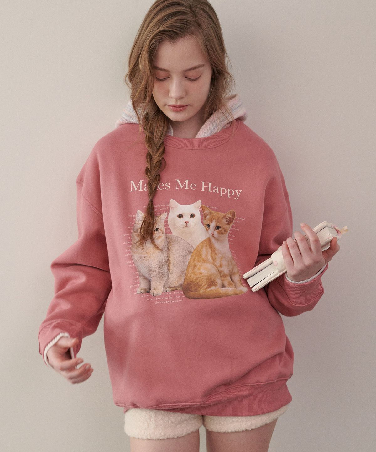 루루슈(LULUCHOU) Cat Friends Sweatshirt - ROSE PINK
