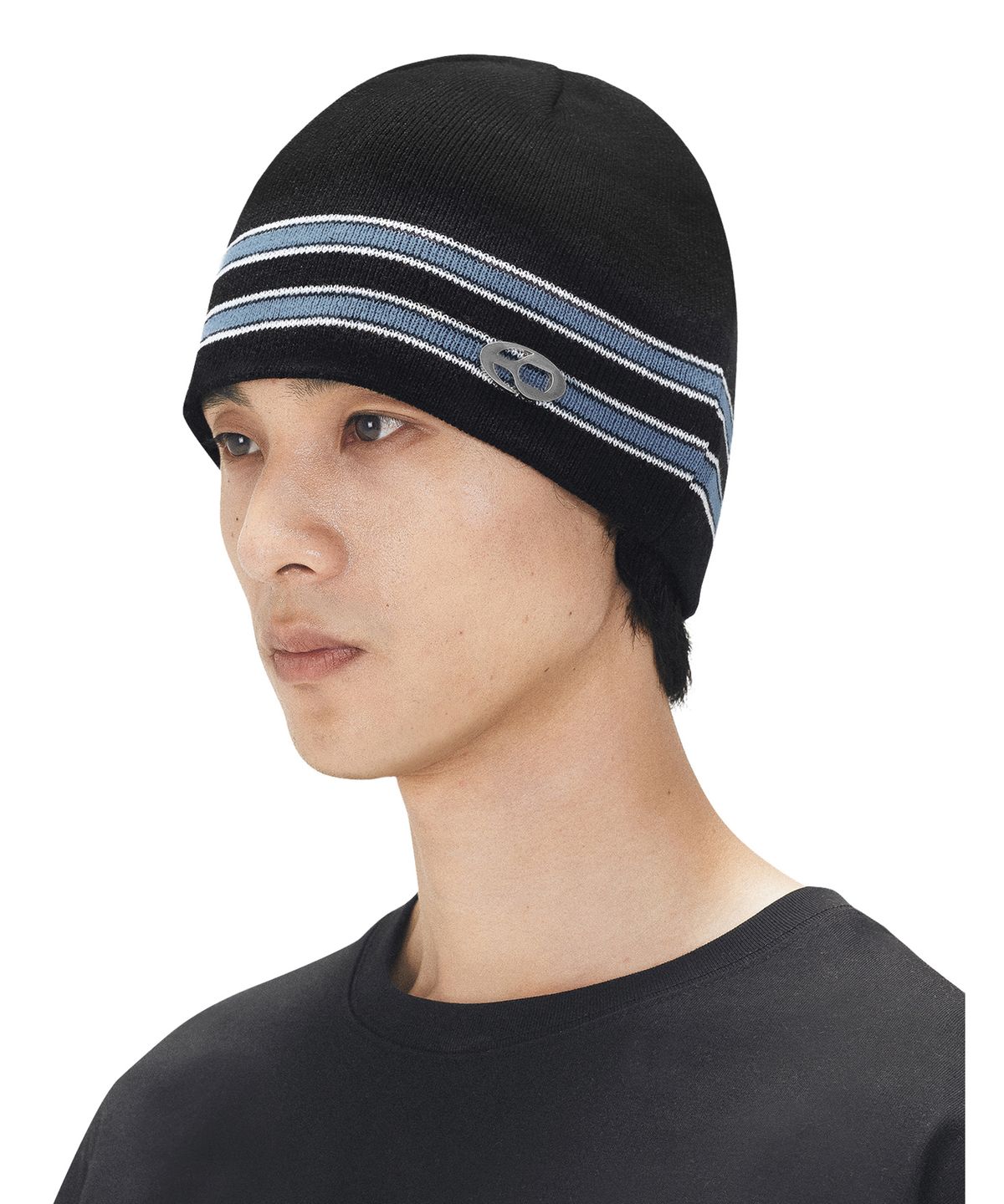 오픈야드(오와이)(OPENYARD(OY)) STRIPED METAL LOGO BEANIE - BLACK