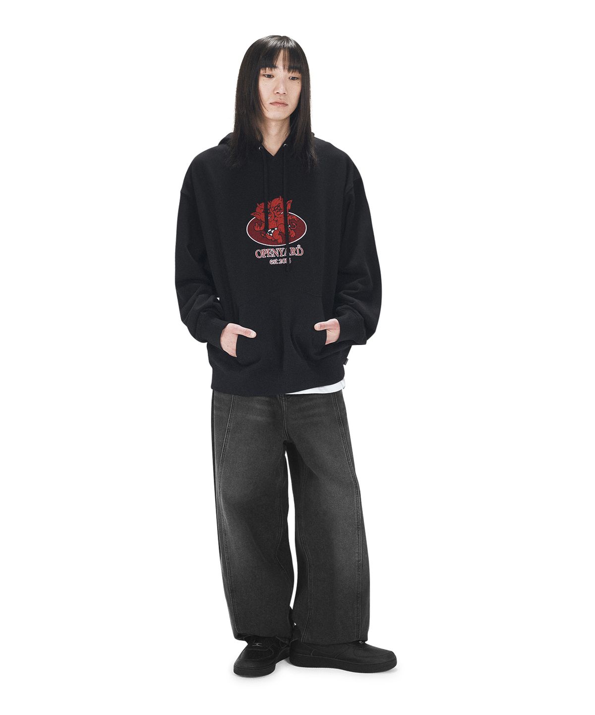 오픈야드(오와이)(OPENYARD(OY)) TWO DEVILS LOGO HOODIE - BLACK