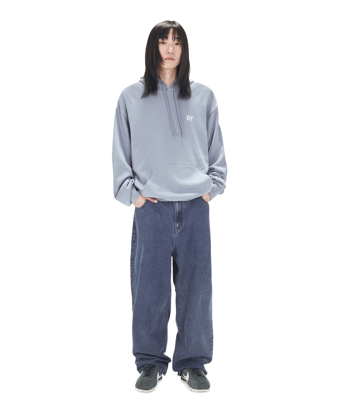 오픈야드(오와이)(OPENYARD(OY)) HEART PATCH OPYD HOODIE - BLUE GREY