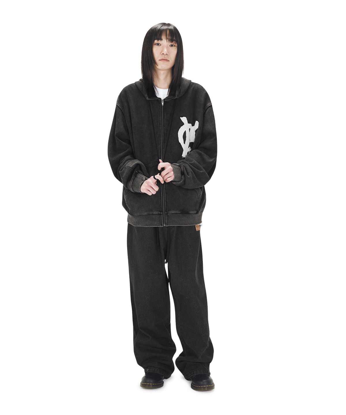 오픈야드(오와이)(OPENYARD(OY)) DYED LOGO PATCH HOODIE ZIP UP - BLACK