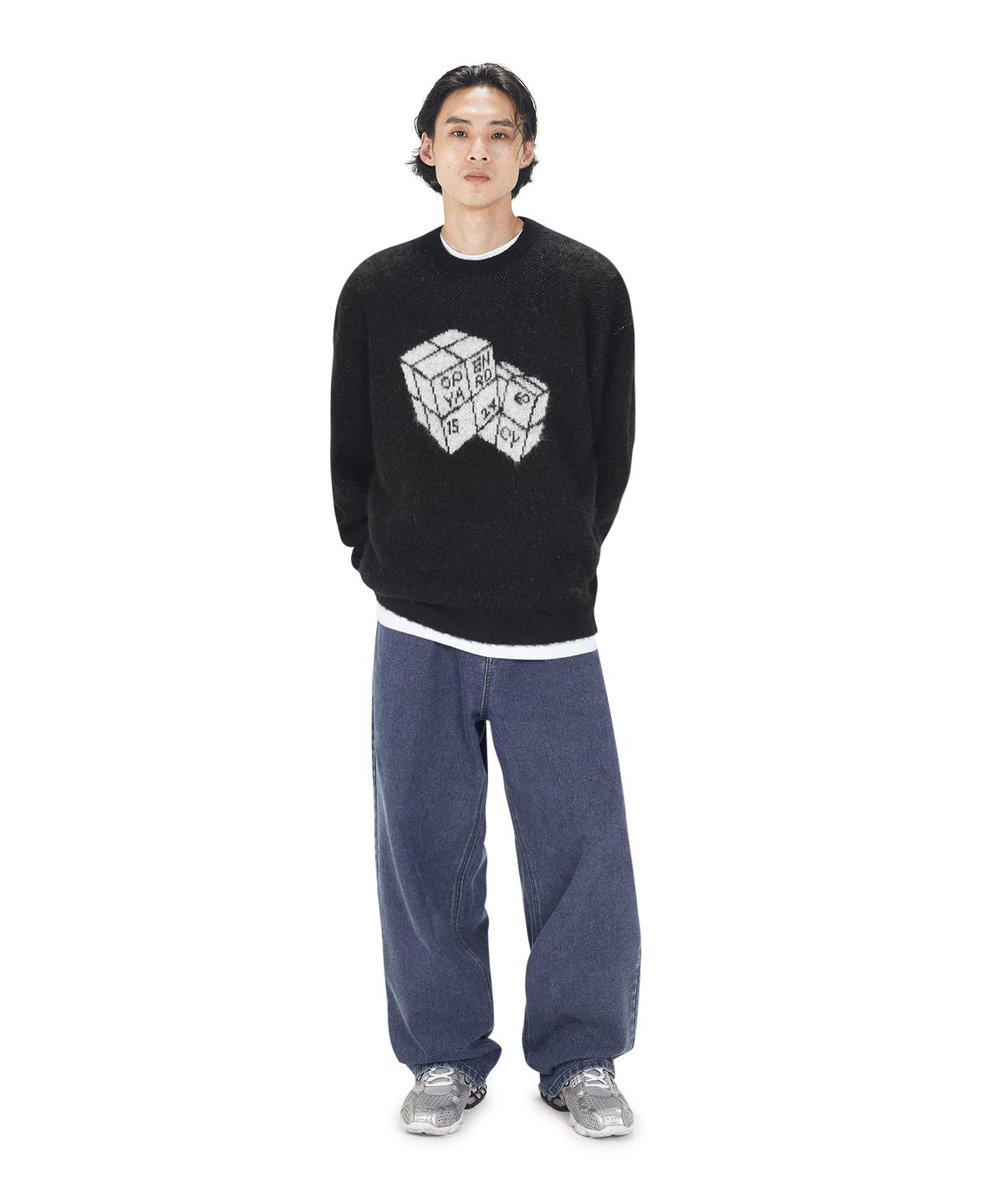오픈야드(오와이)(OPENYARD(OY)) HAIRY DUAL CUBE KNIT - BLACK