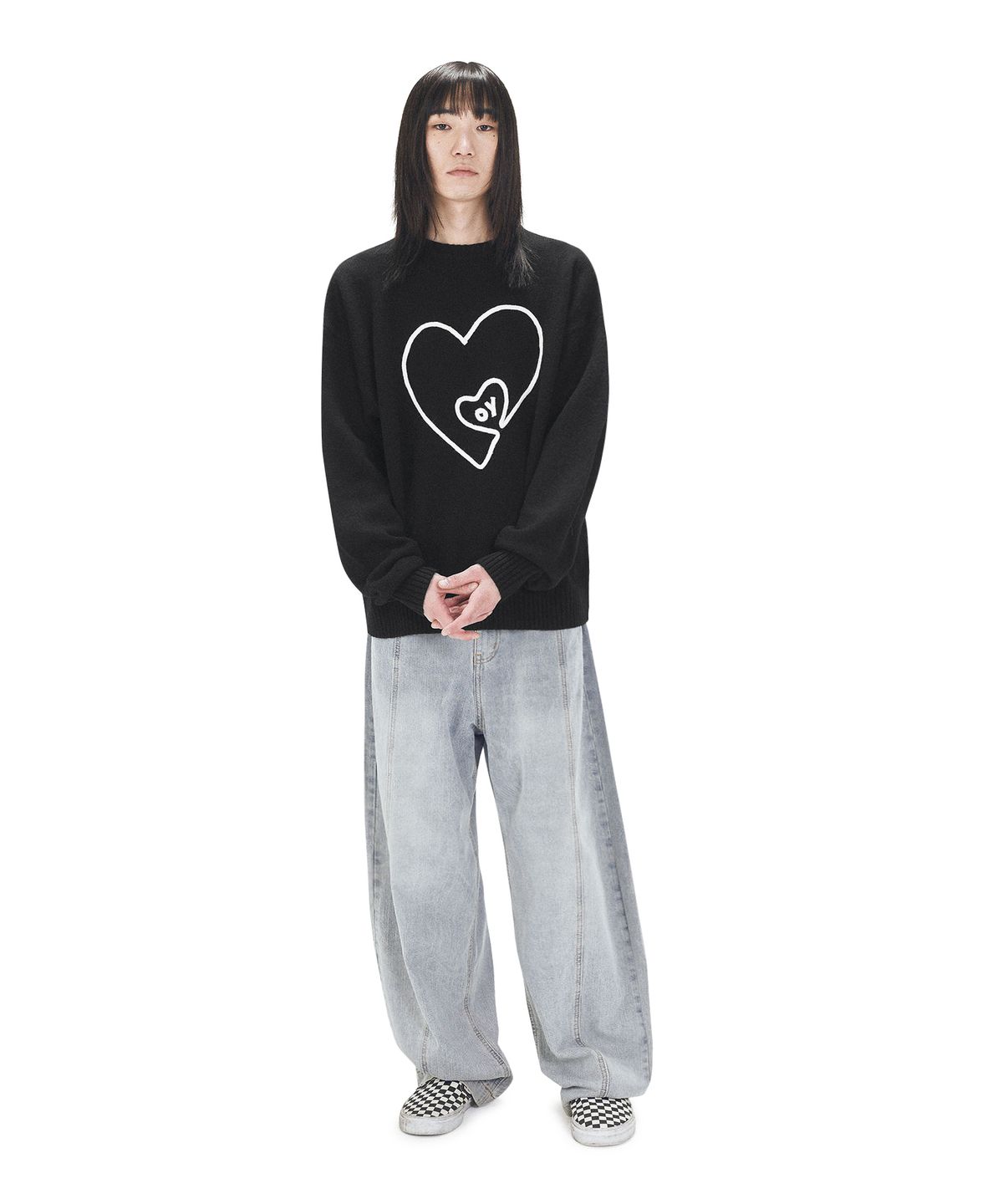 오픈야드(오와이)(OPENYARD(OY)) HEART HANDLE EMBROIDERED KNIT - BLACK