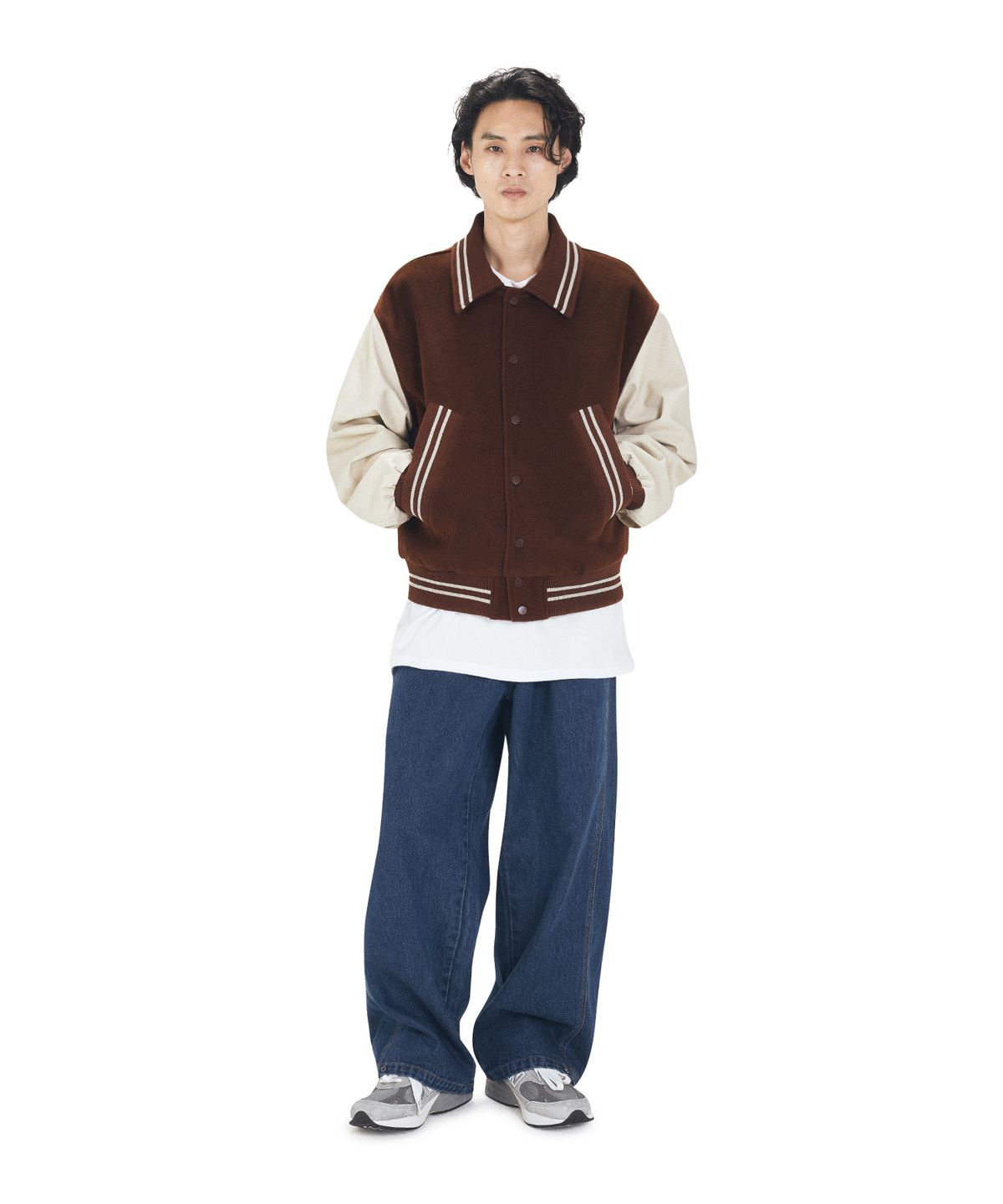 오픈야드(오와이)(OPENYARD(OY)) ZIGZAG EMBROIDERY VARSITY JACKET - BROWN