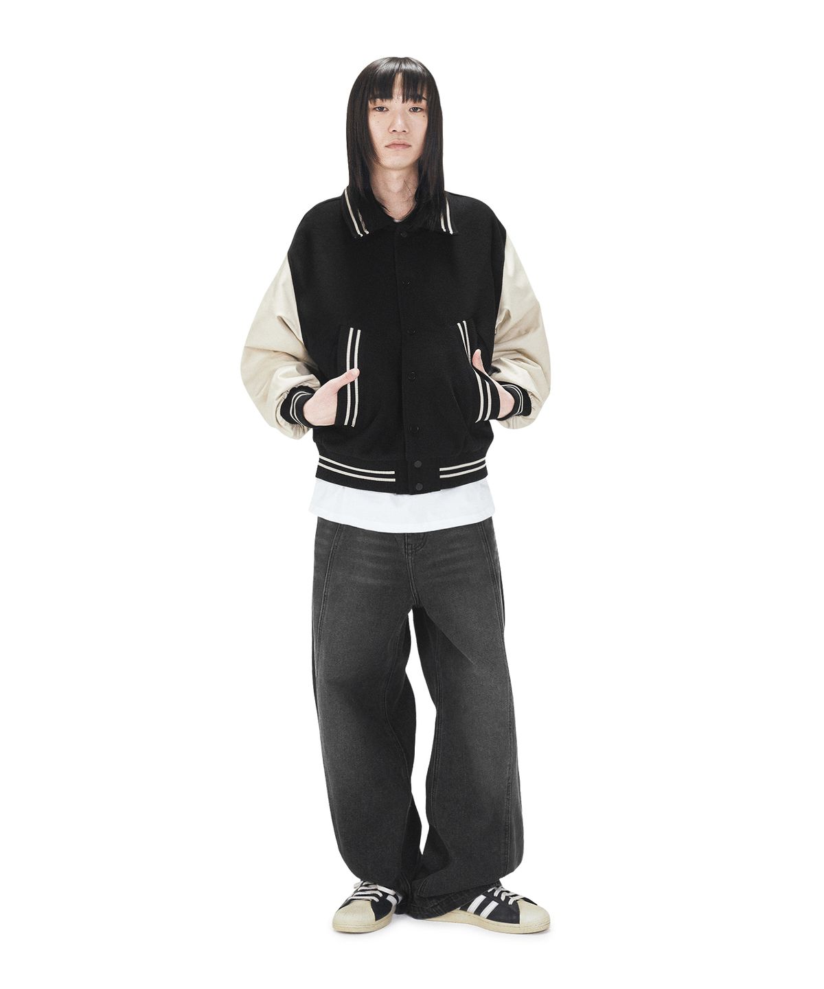 오픈야드(오와이)(OPENYARD(OY)) ZIGZAG EMBROIDERY VARSITY JACKET - BLACK
