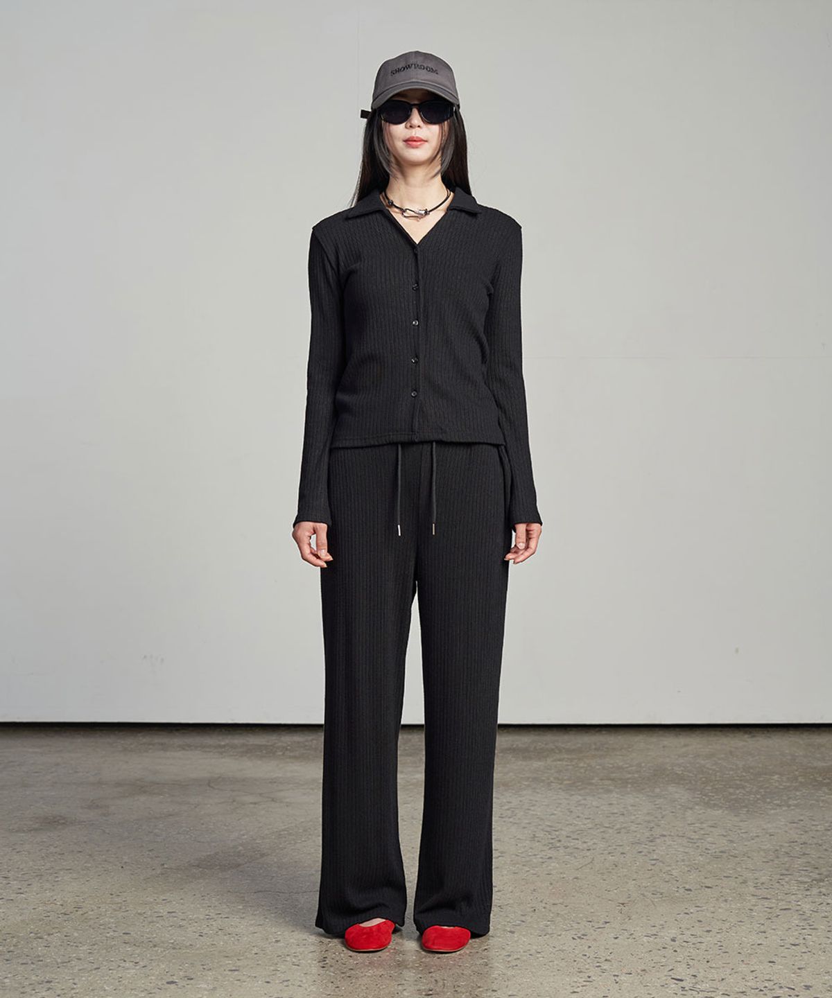 320쇼룸(320SHOWROOM) Ribbed Banding Wide-Leg Pants Black