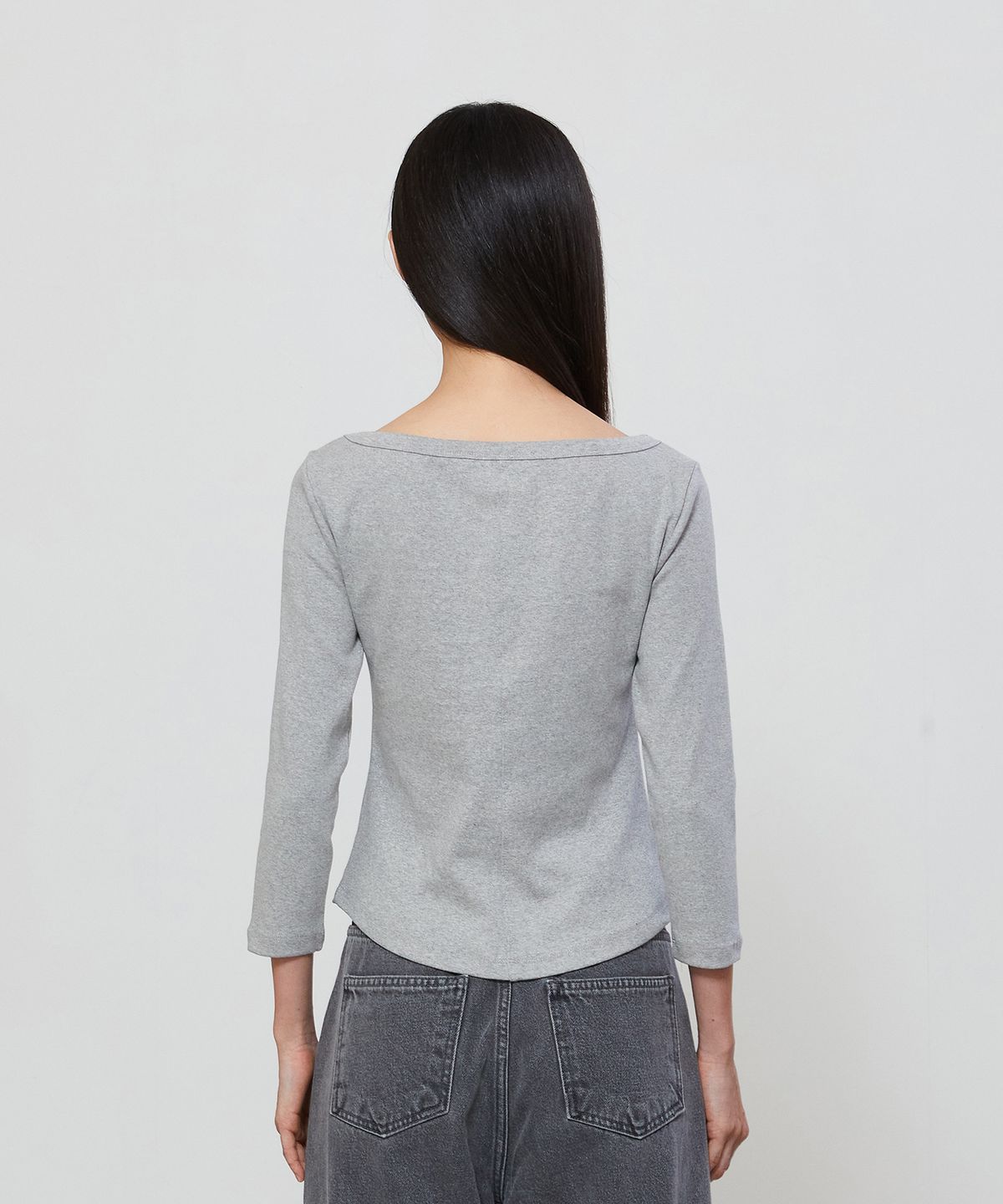노티아(NOTIA) BOAT NECK RIBBED T-SHIRT - GRAY