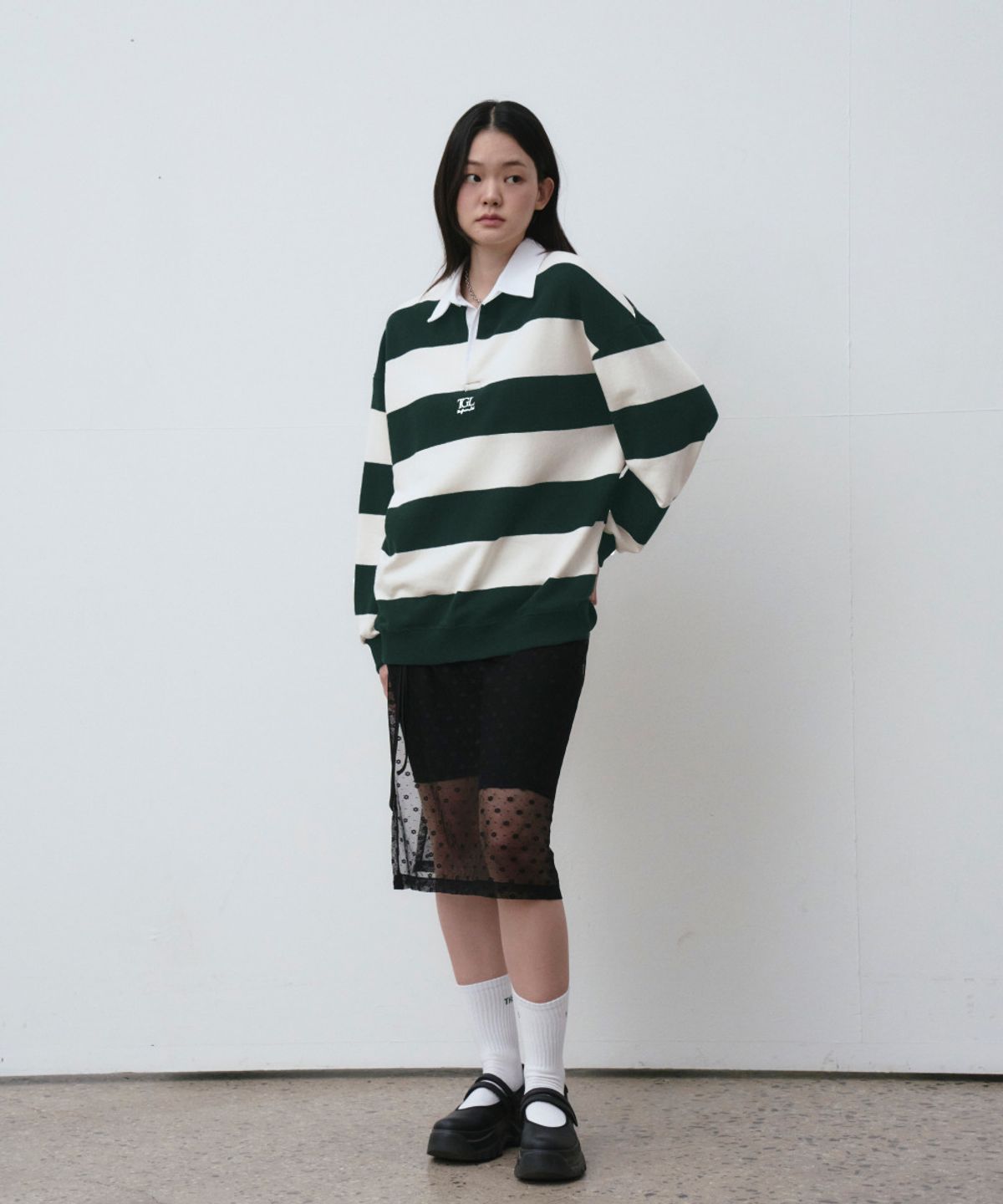 더그린랩(THE GREEN LAB) 스트라이프 럭비 카라 맨투맨 [그린]