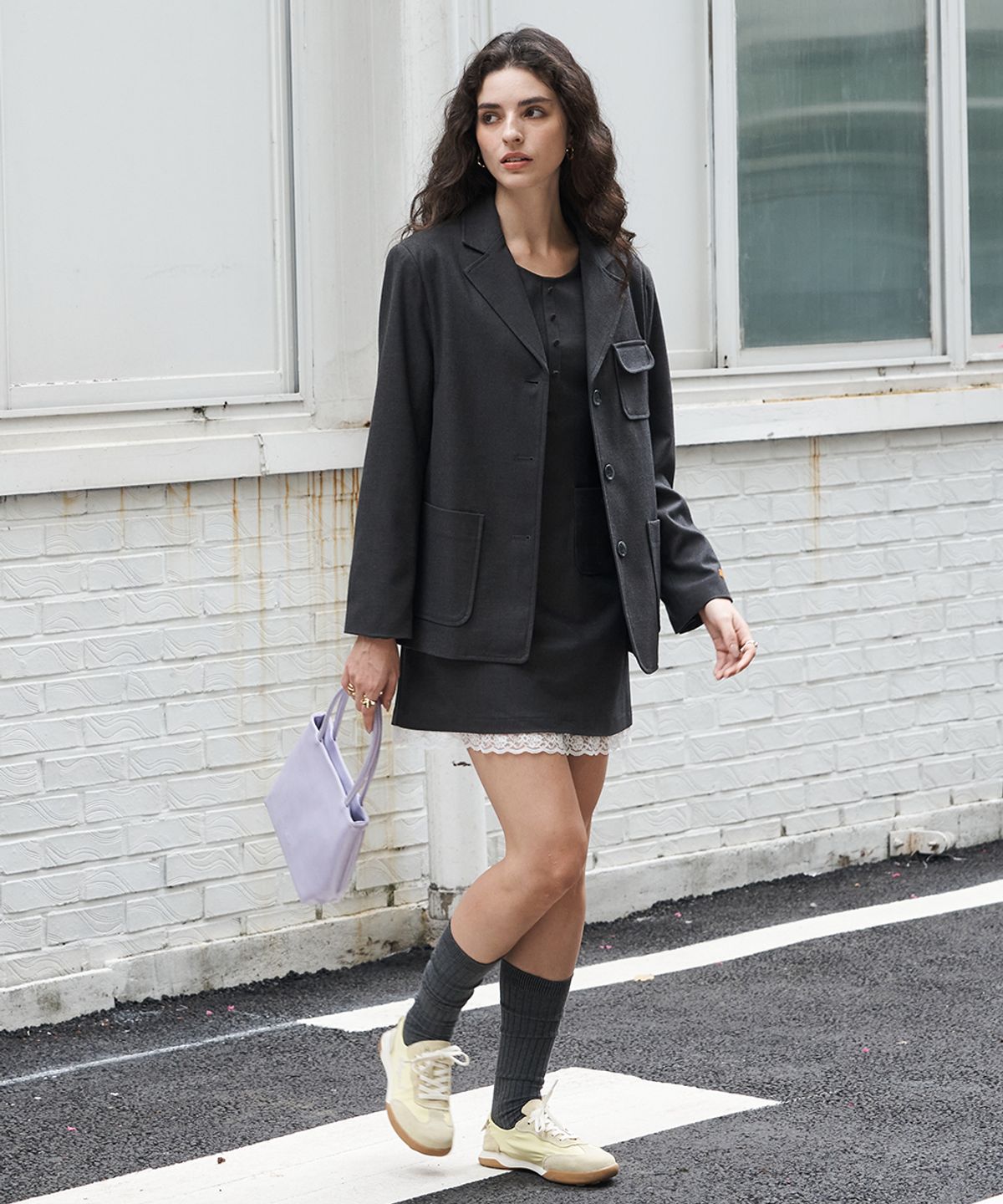 320쇼룸(320SHOWROOM) Sleeveless Lace Trim Wool Dress Charcoal