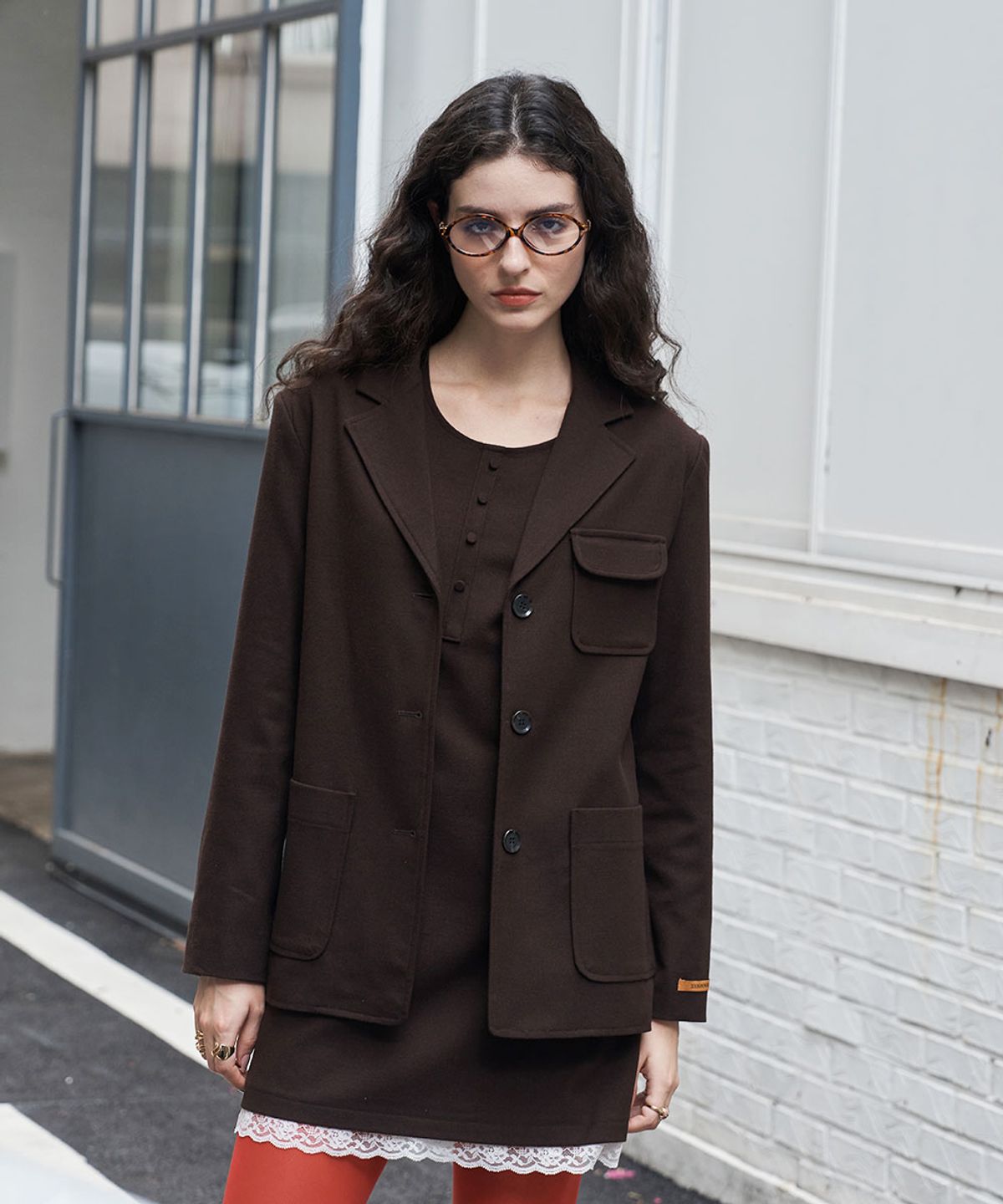 320쇼룸(320SHOWROOM) Sleeveless Lace Trim Wool Dress Brown