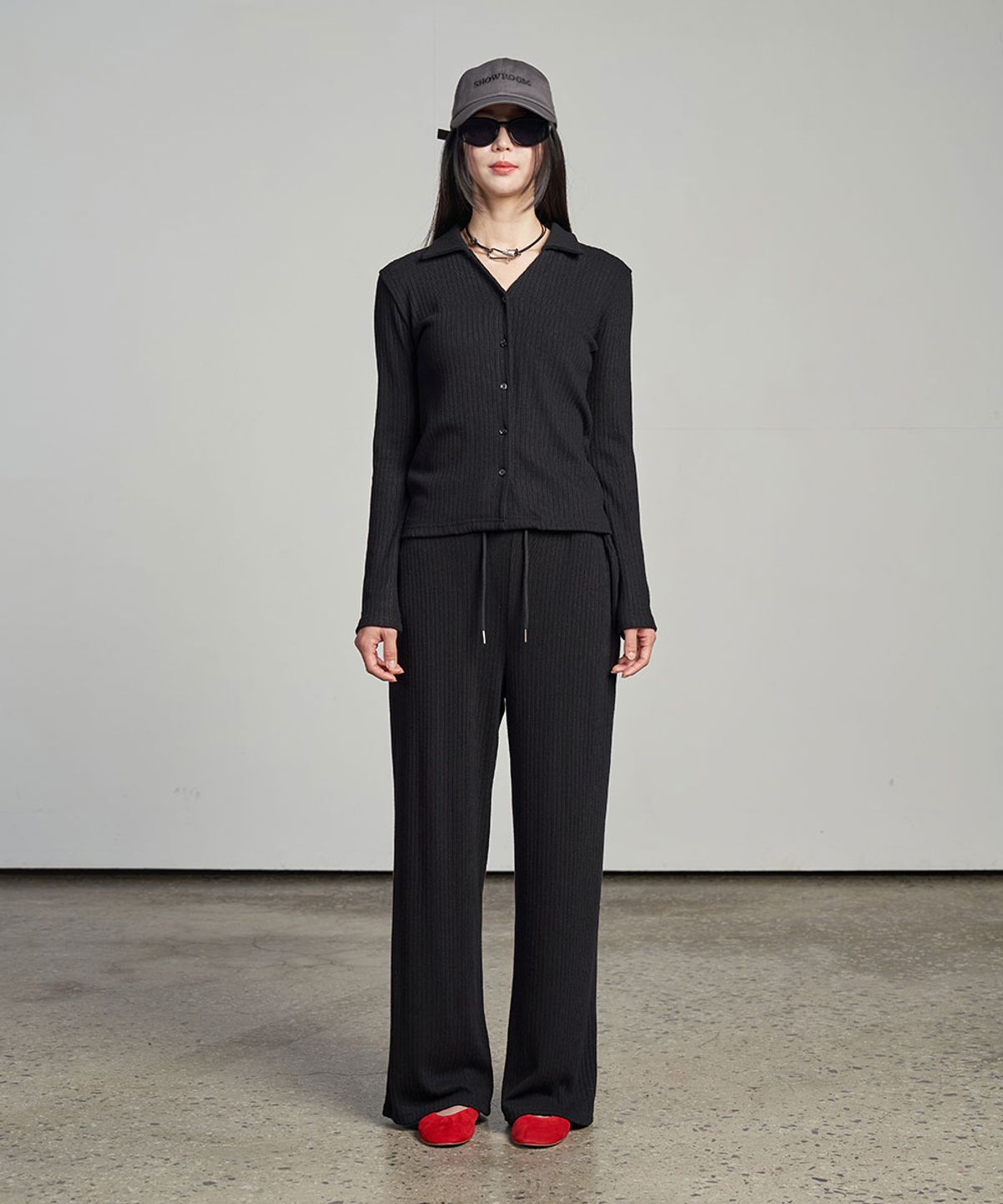 320쇼룸(320SHOWROOM) Open collar Ribbed Cardigan Black