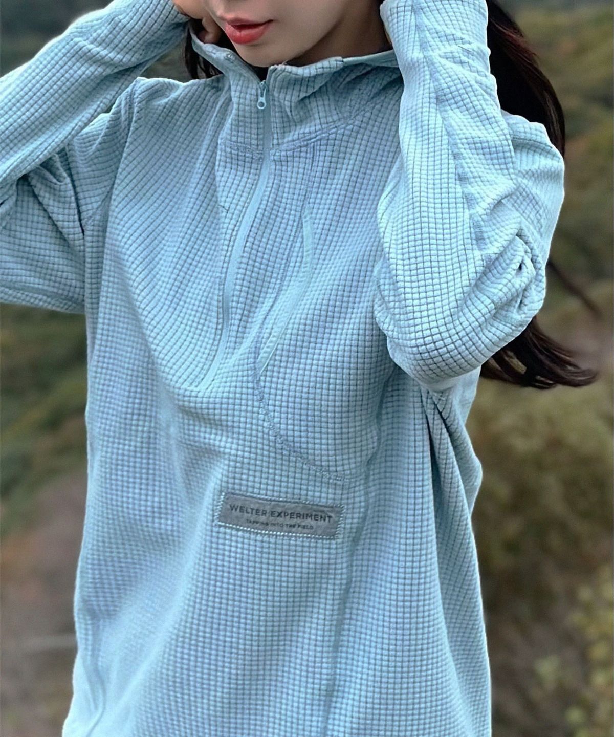 웰터 익스페리먼트(WELTER EXPERIMENT) SQUARE FLEECE HOOD PULLOVER_BLUE_WLT034