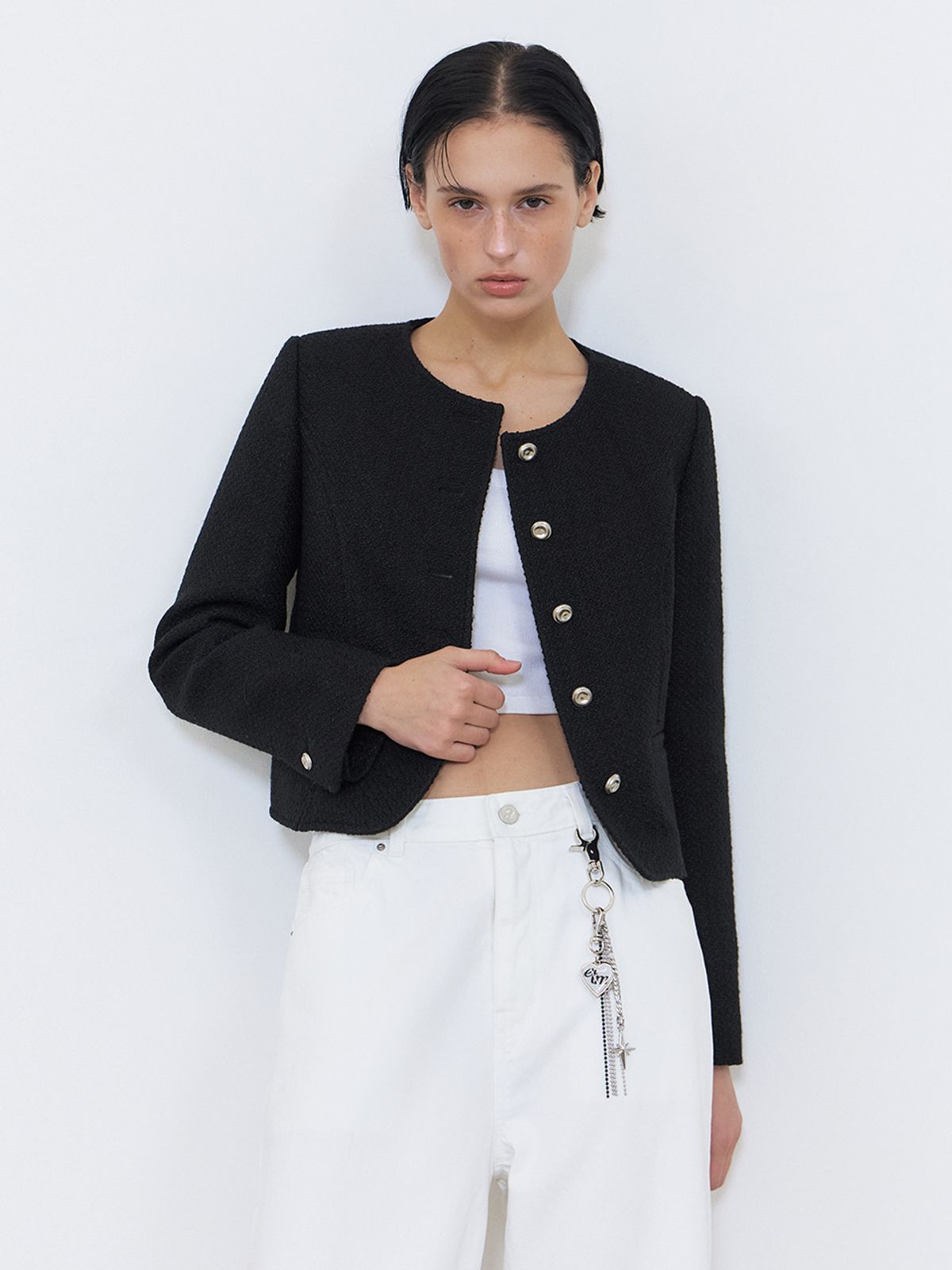 에트몽(ETMON) Slit Stitch Tweed Jacket, Black