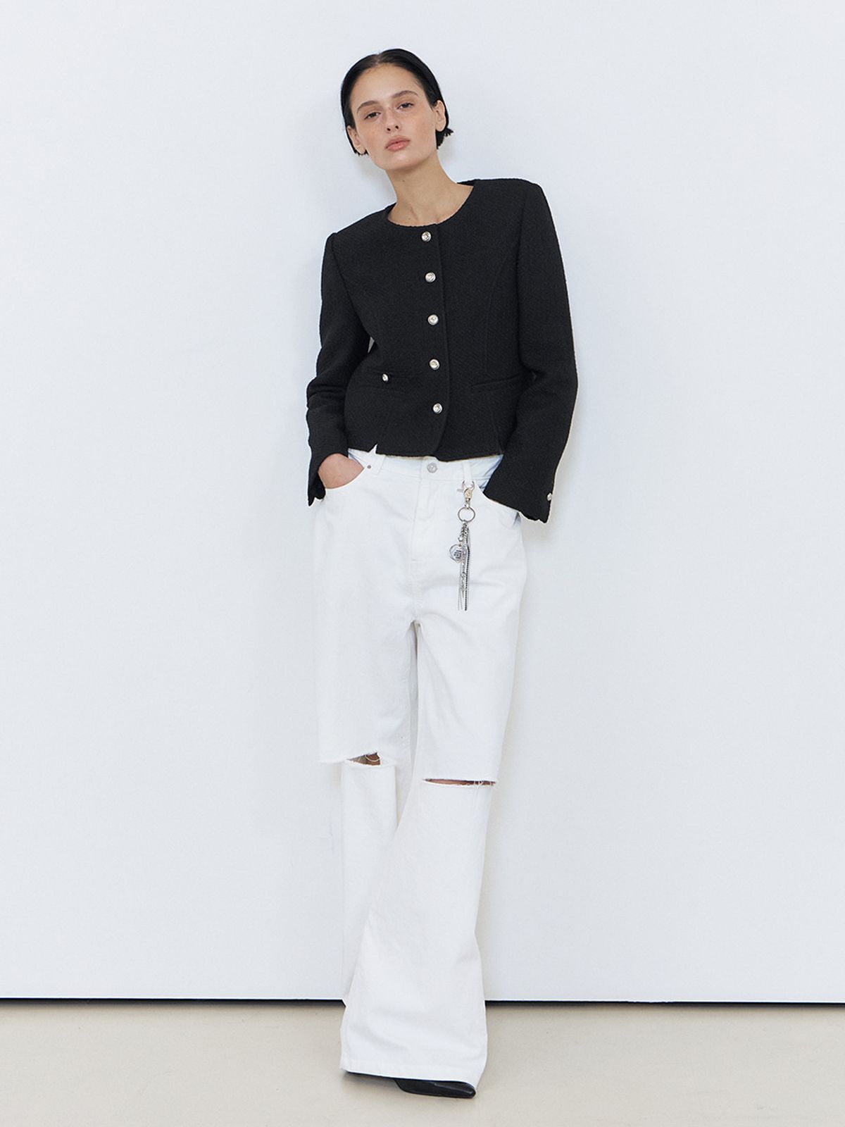 에트몽(ETMON) Slit Stitch Tweed Jacket, Black