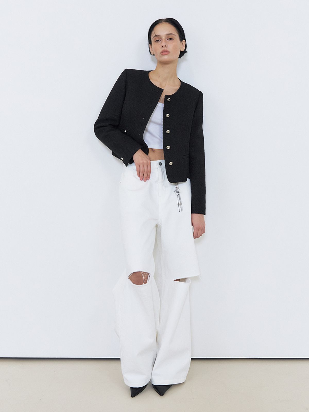 에트몽(ETMON) Slit Stitch Tweed Jacket, Black