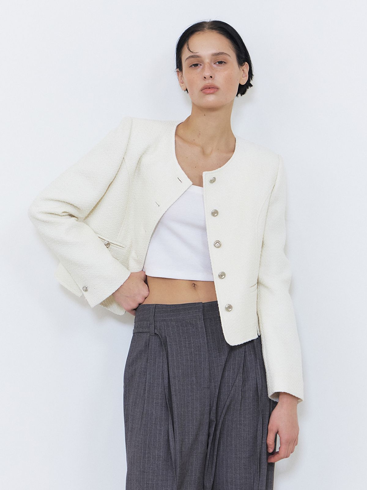 에트몽(ETMON) Slit Stitch Tweed Jacket, Ivory
