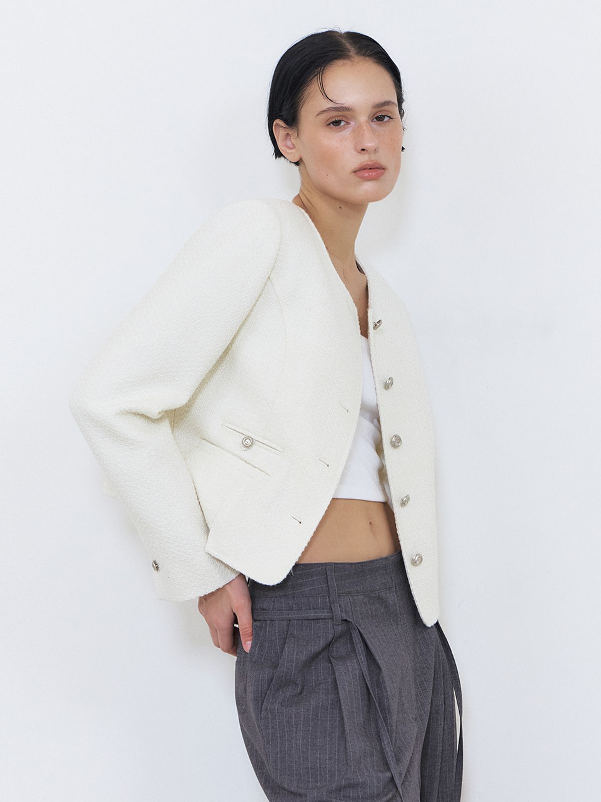 에트몽(ETMON) Slit Stitch Tweed Jacket, Ivory