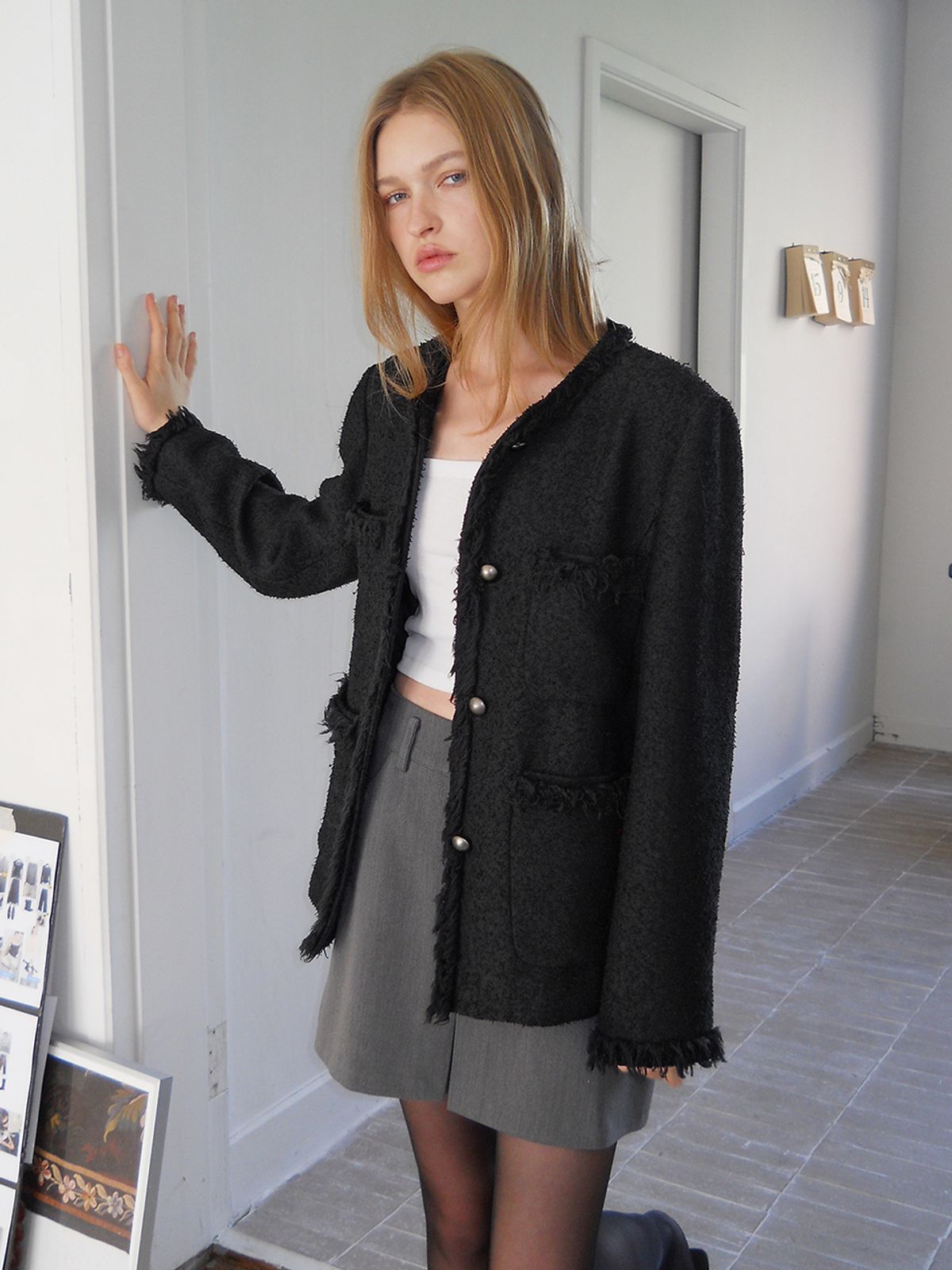 에트몽(ETMON) Fringe Pocket Tweed Jacket, Black