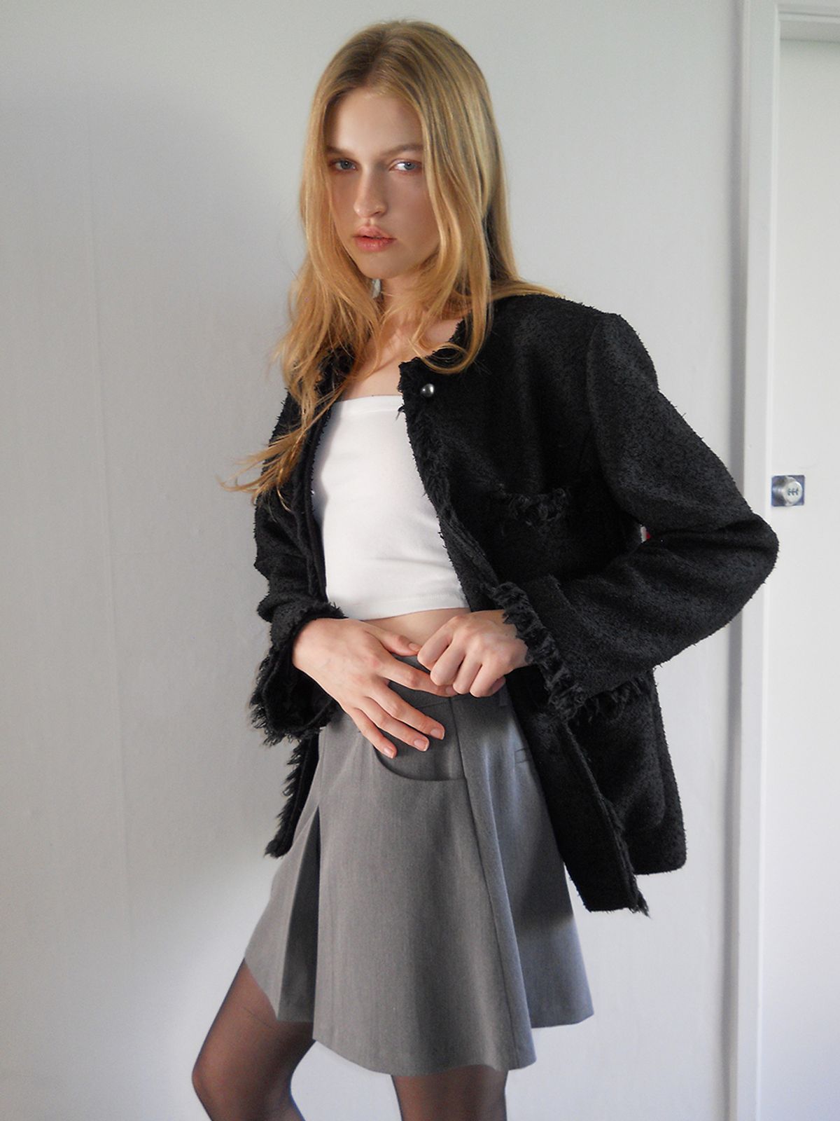 에트몽(ETMON) Fringe Pocket Tweed Jacket, Black