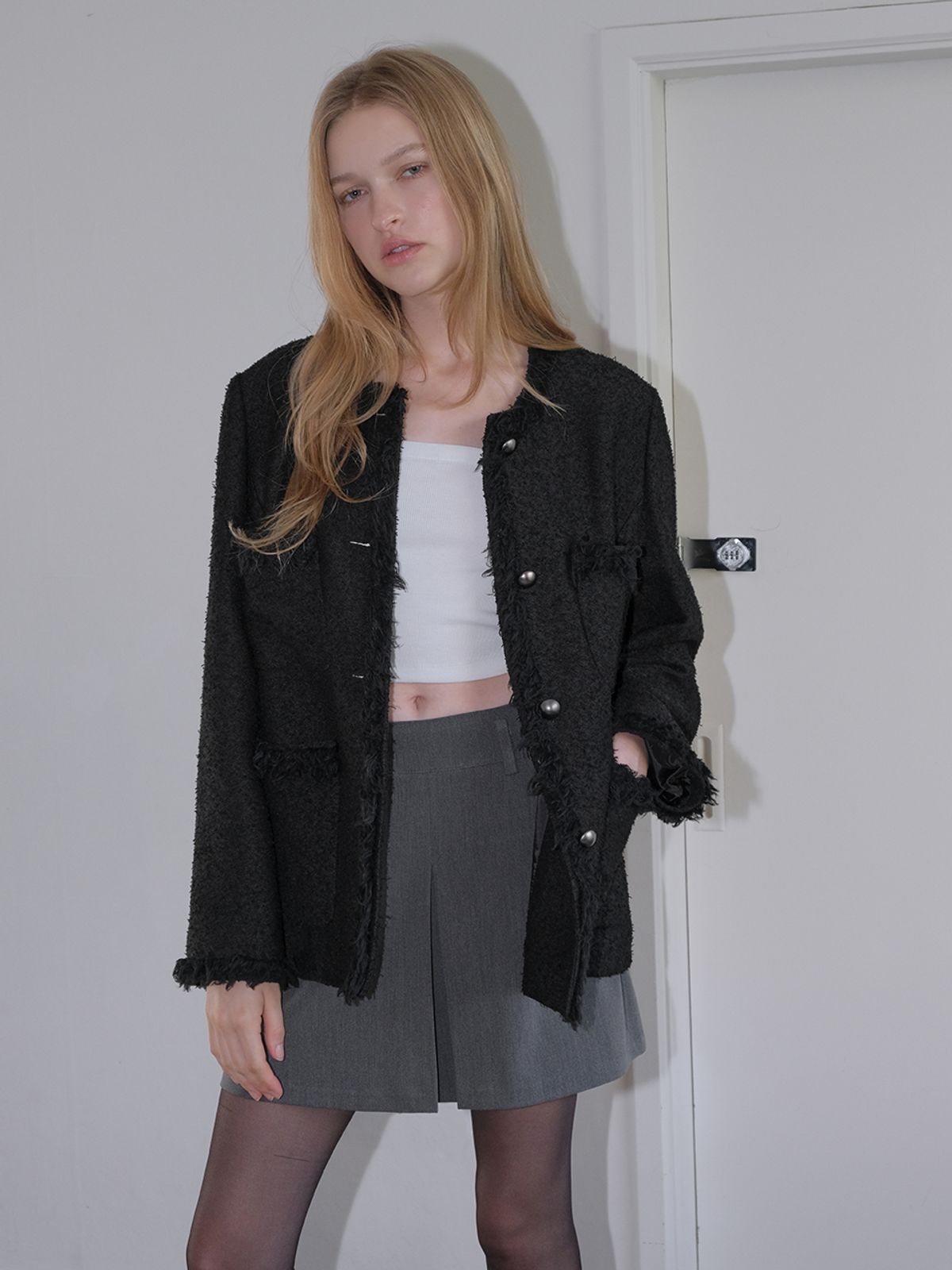 에트몽(ETMON) Fringe Pocket Tweed Jacket, Black