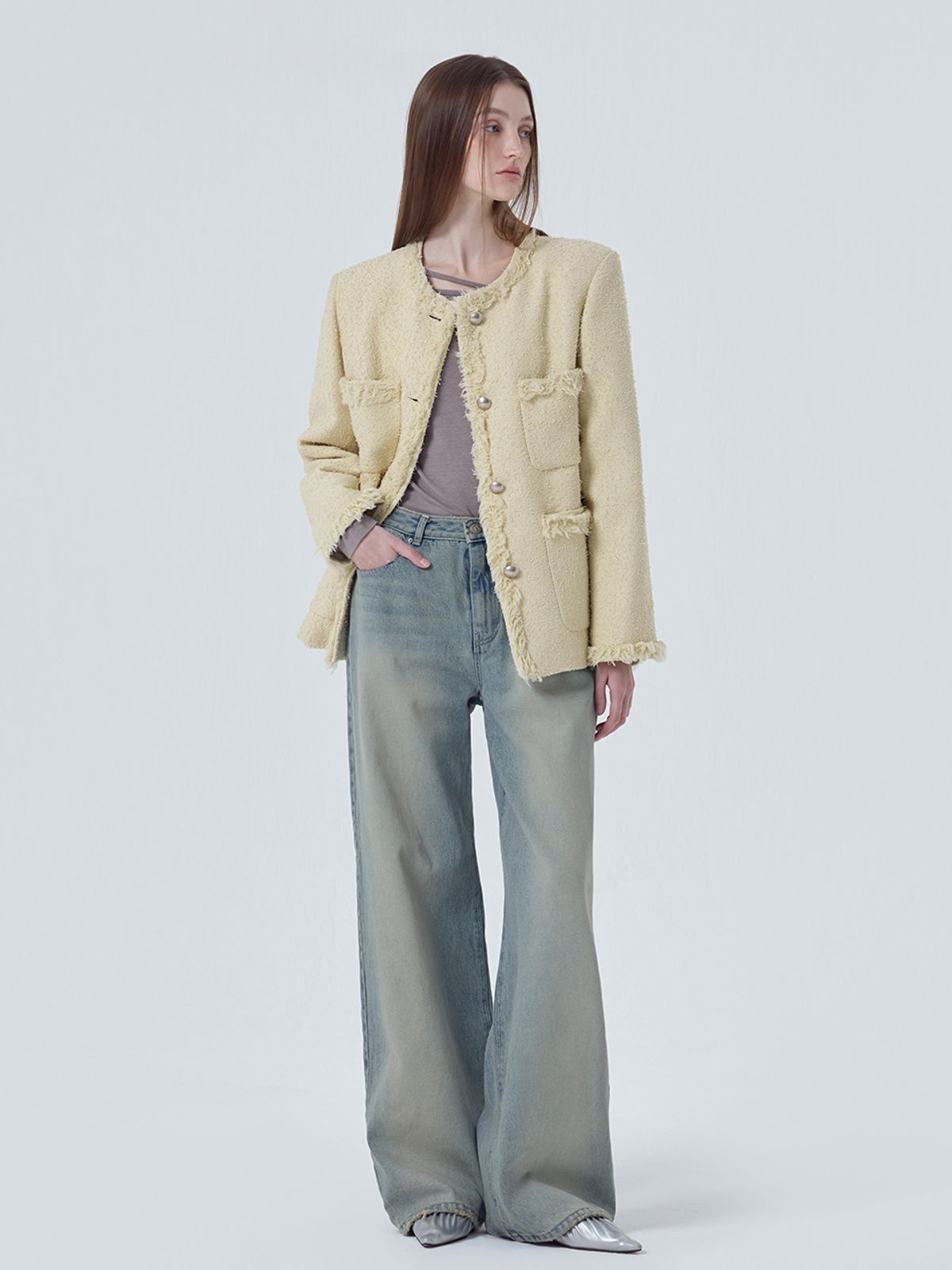 에트몽(ETMON) Fringe Pocket Tweed Jacket, Cream Yellow