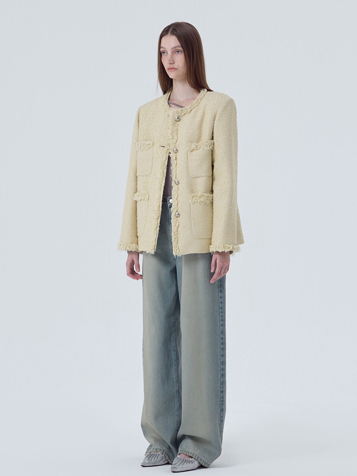 에트몽(ETMON) Fringe Pocket Tweed Jacket, Cream Yellow