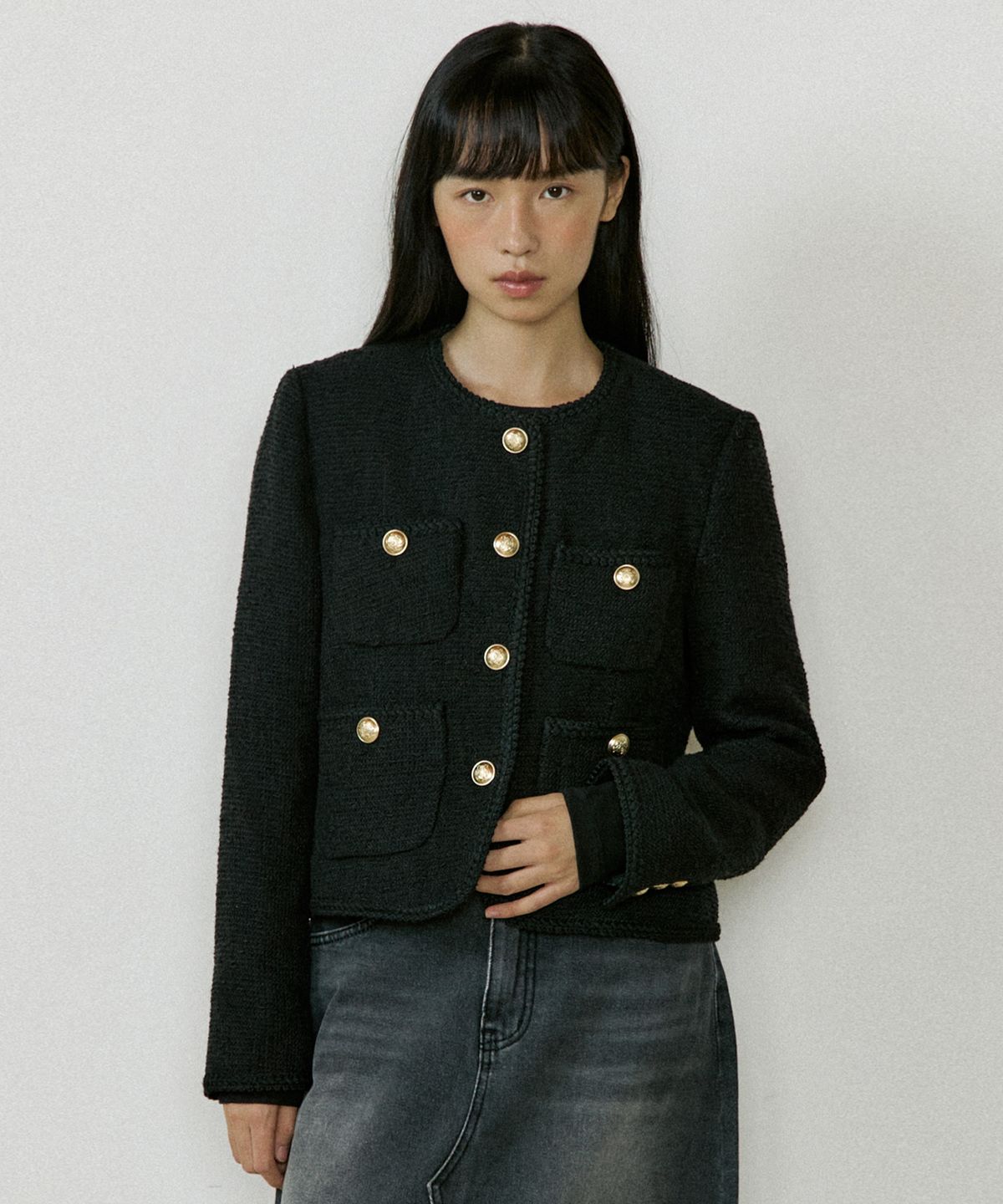 루시르주(LUCIR ZU) Roundneck Single Tweed Jacket (black)