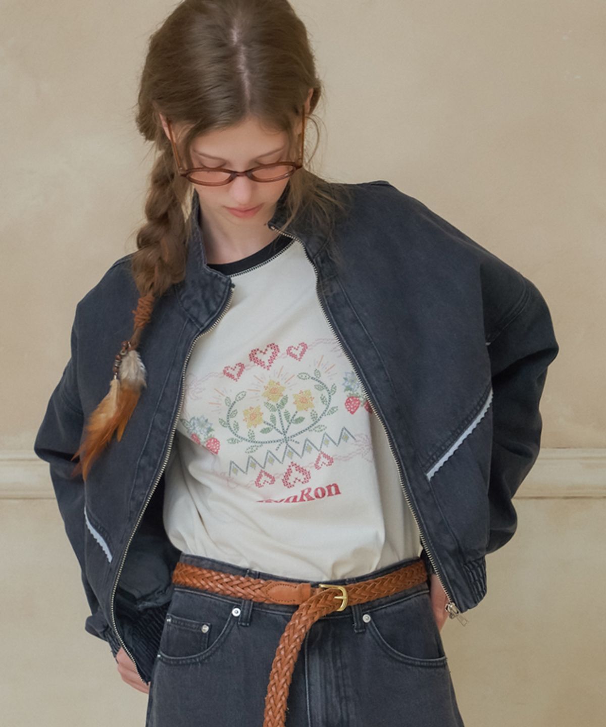 론론(RONRON) TORCHON LACE BLOUSON ZIP UP DENIM JACKET BLACK