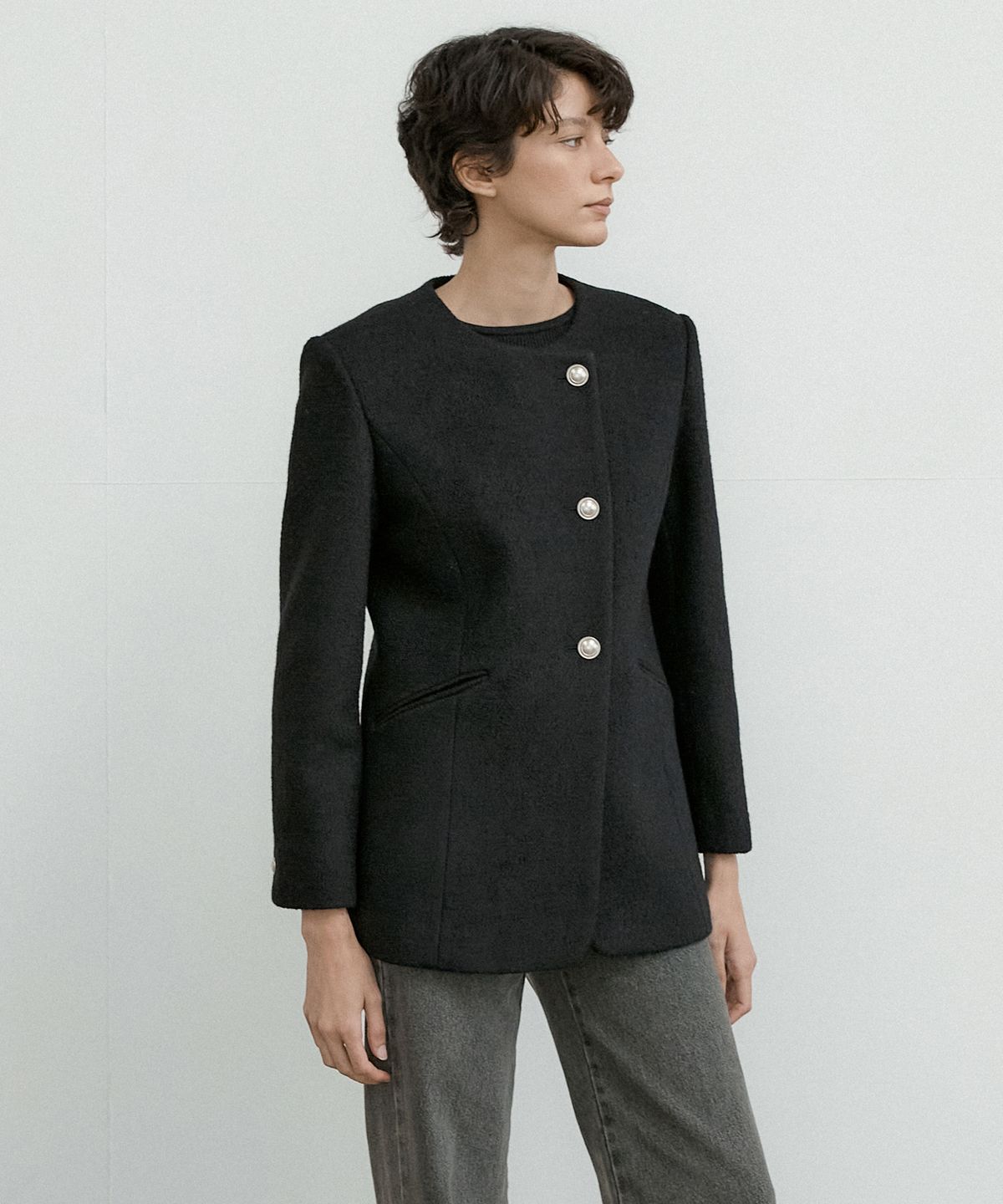 오떼뜨(OCTETTE) MONO WOOL BOUCLE TWEED JK-BLACK