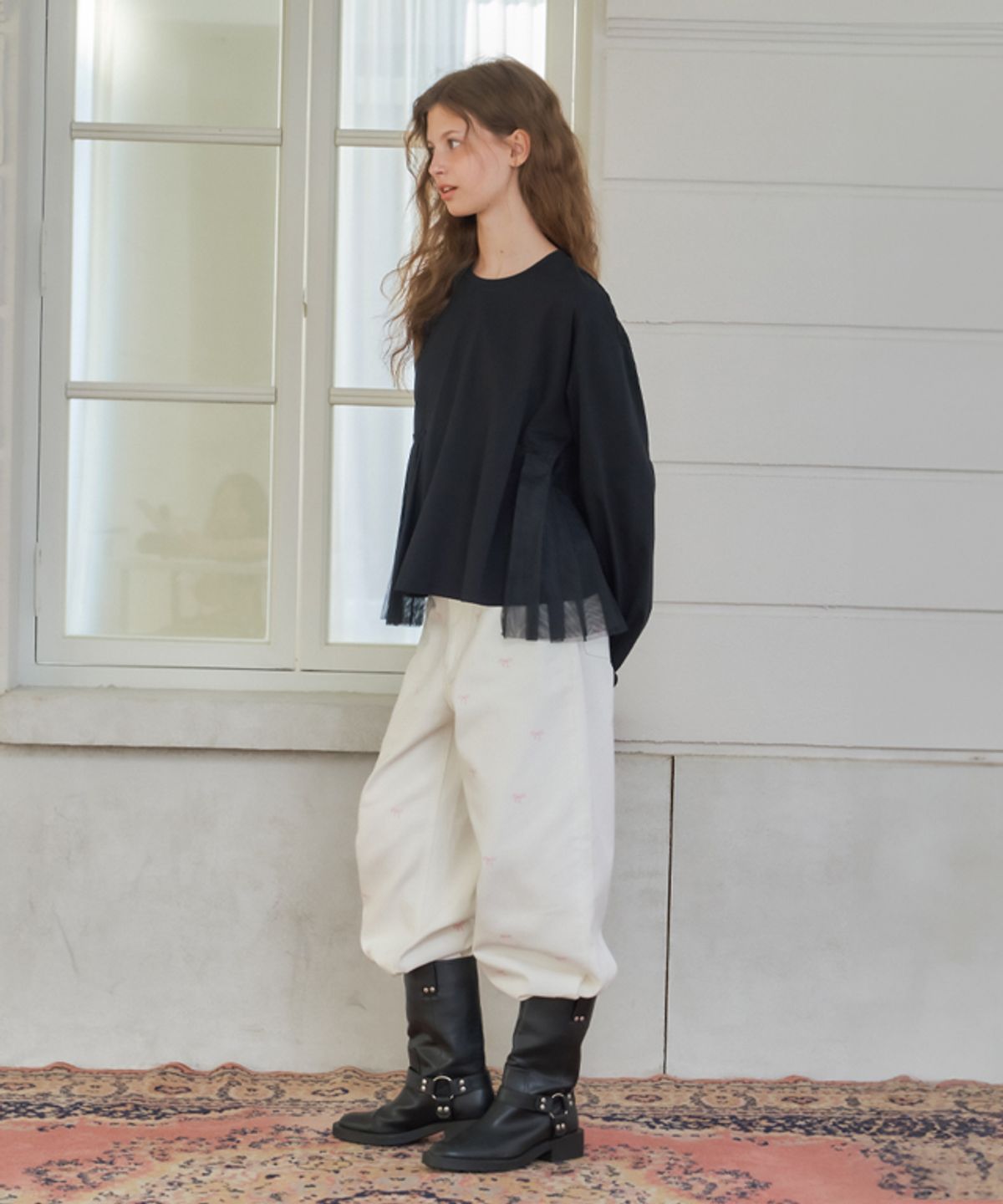 론론(RONRON) RIBBON PATTERN WIDE DENIM PANTS WHITE