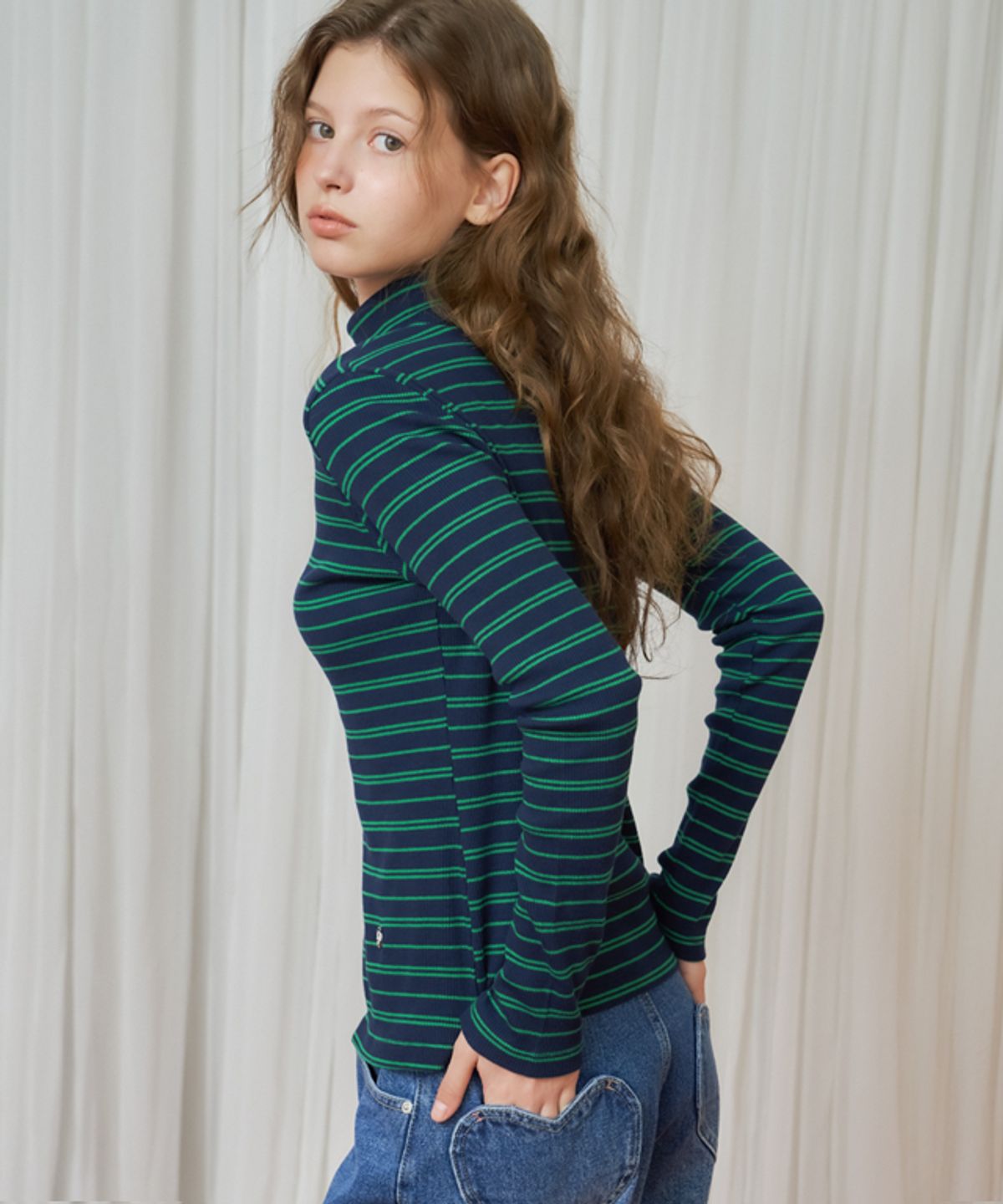 론론(RONRON) MULTI STRIPE TURTLENECK LONG SLEEVE GREEN