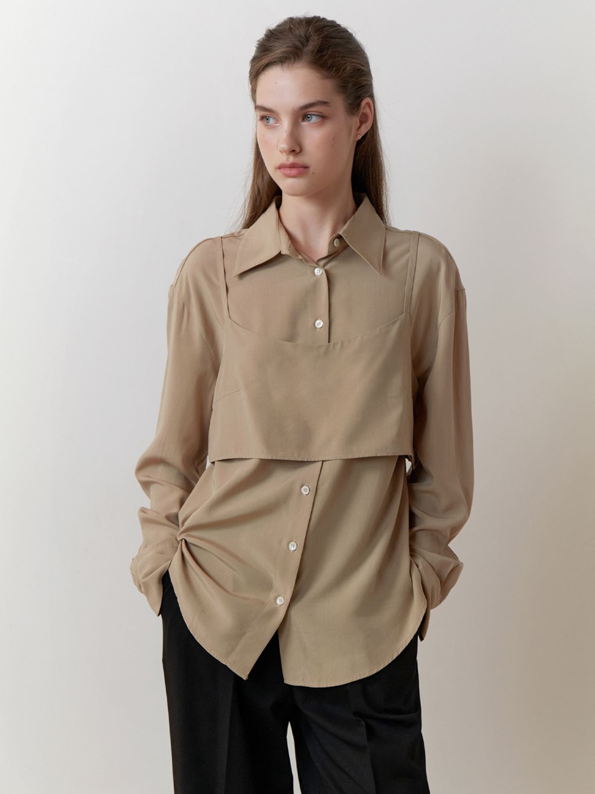 리엘(RE L) Bay bustier blouse_2piece (khaki beige)