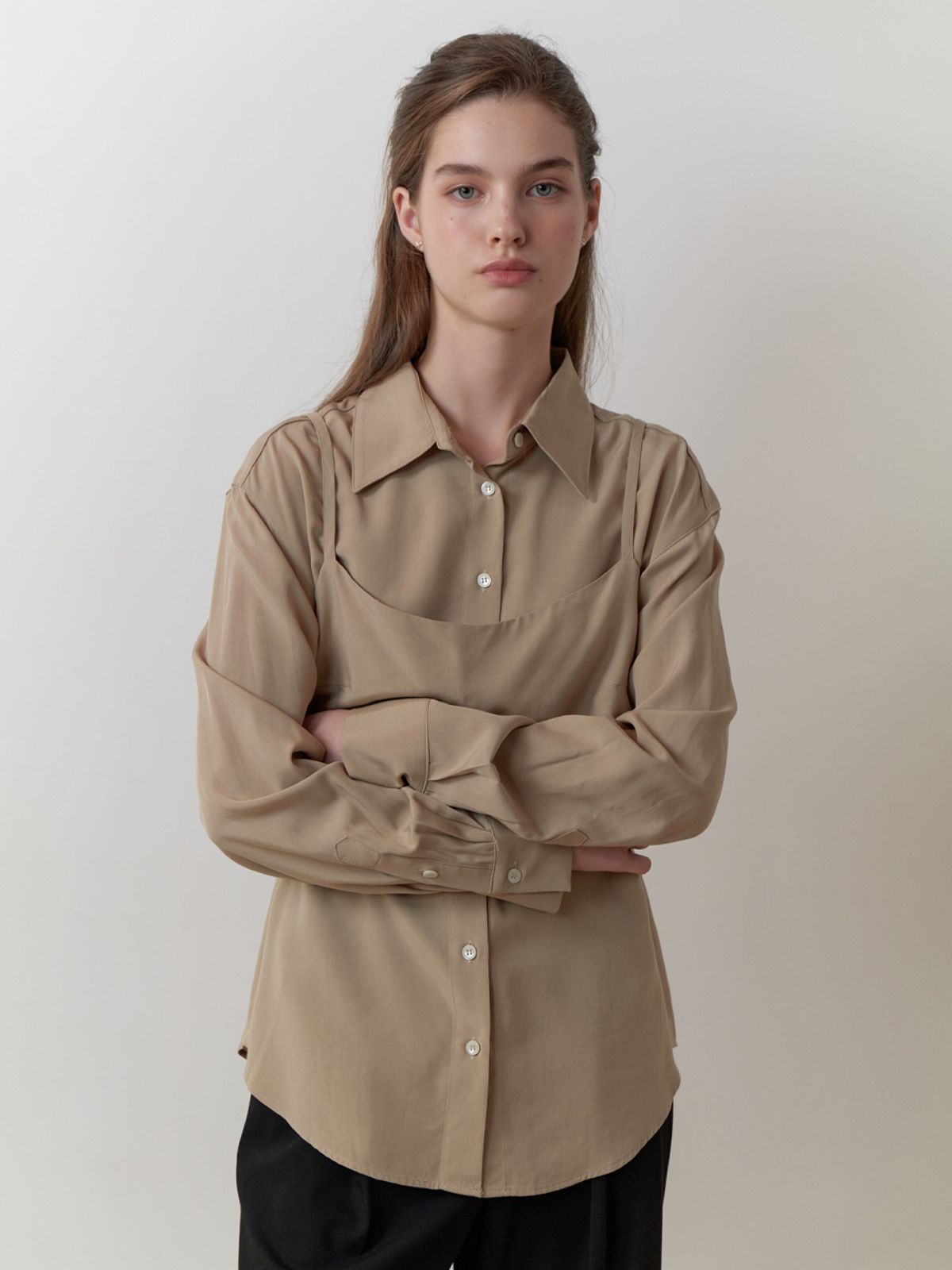 리엘(RE L) Bay bustier blouse_2piece (khaki beige)