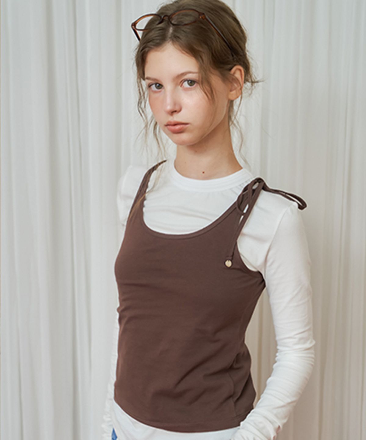 론론(RONRON) [SET] NUIT FLAT LONG SLEEVE + PENDANT ONE SHOULDER RIBBON SLEEVELESS