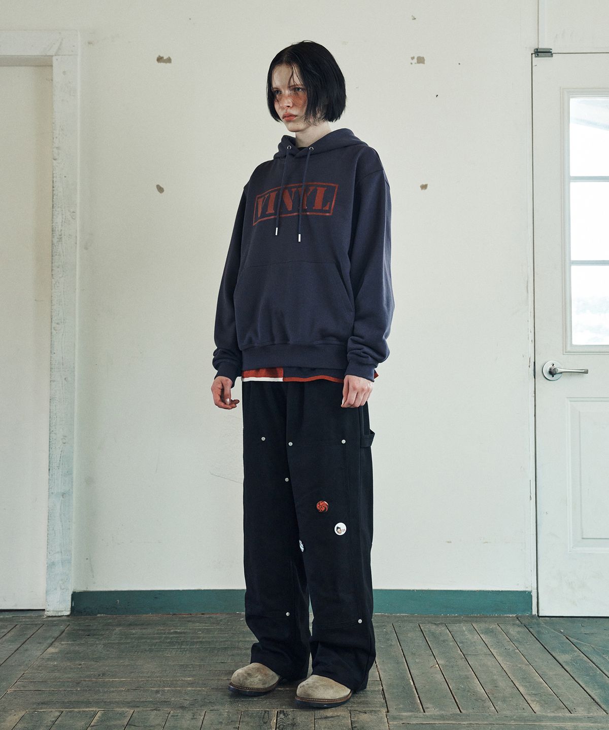 더바이닐하우스(THEVINYLHOUSE) STITCH DOUBLE KNEE PANTS BLACK
