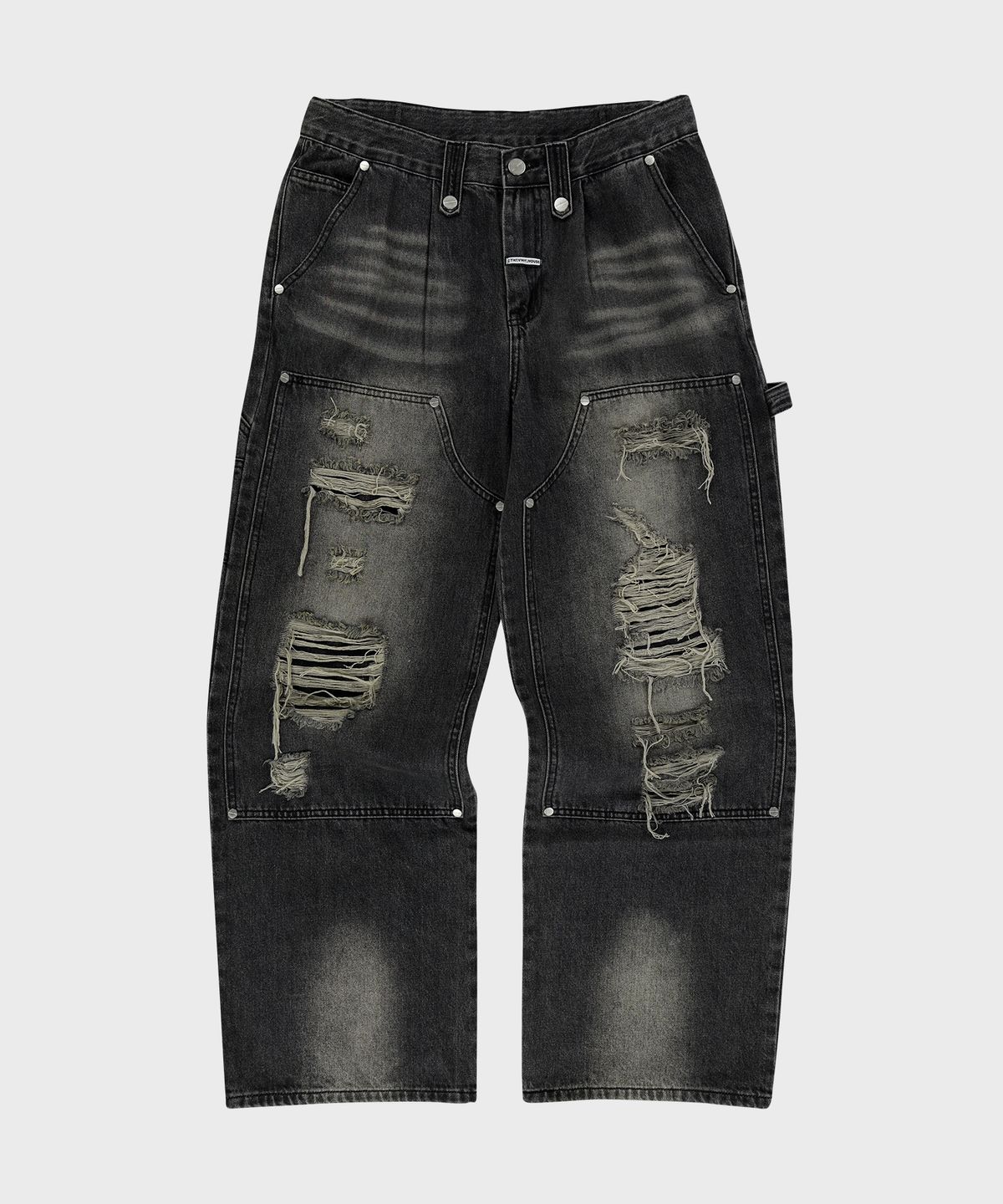 더바이닐하우스(THEVINYLHOUSE) DESTROYED DOUBLE KNEE DENIM PANTS BLACK