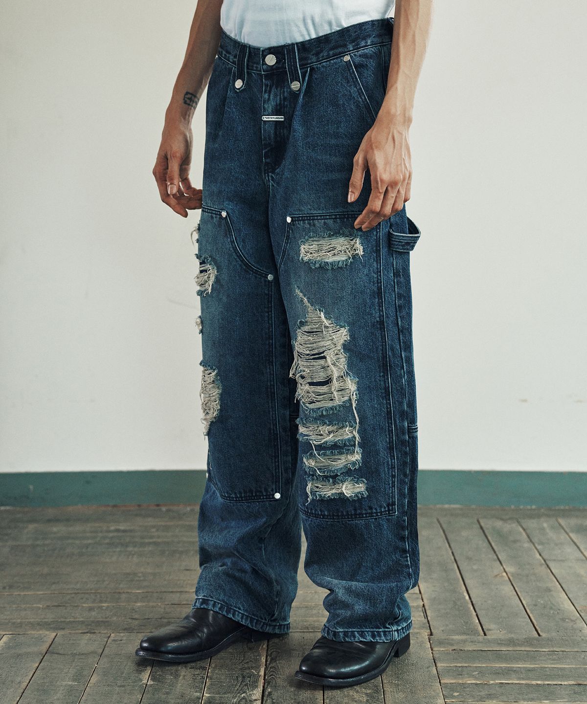 더바이닐하우스(THEVINYLHOUSE) DESTROYED DOUBLE KNEE DENIM PANTS BLUE