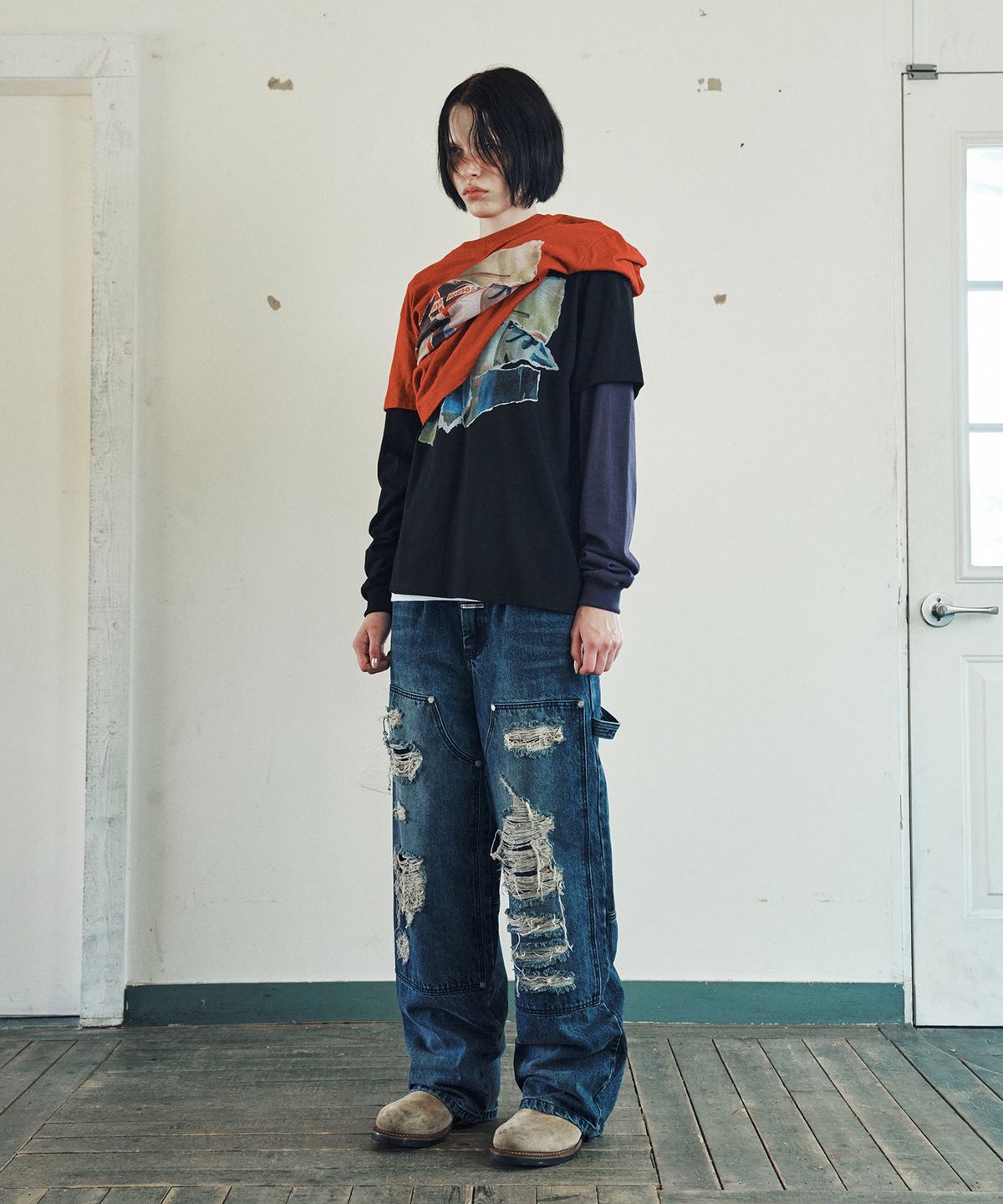 더바이닐하우스(THEVINYLHOUSE) DESTROYED DOUBLE KNEE DENIM PANTS BLUE