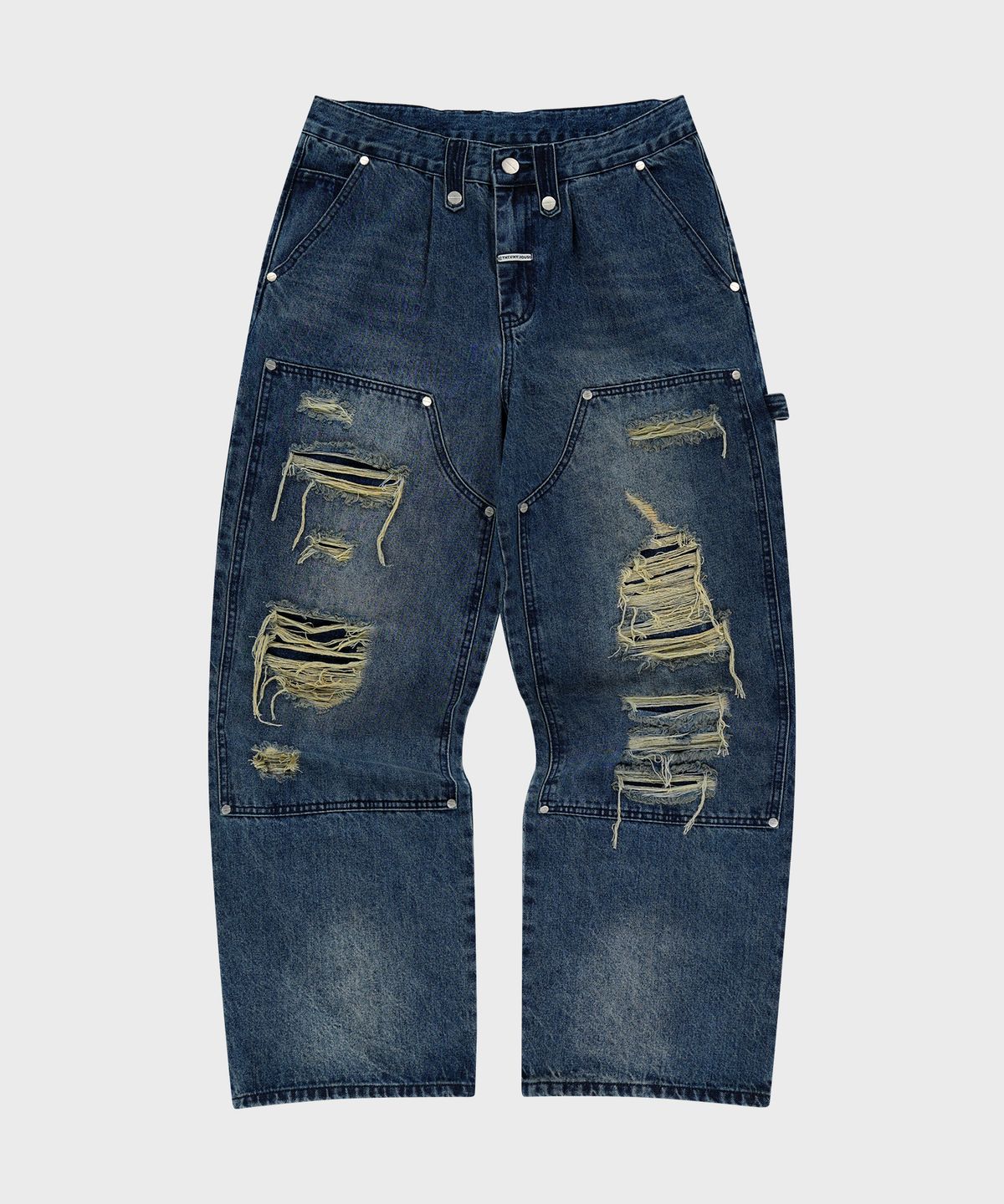 더바이닐하우스(THEVINYLHOUSE) DESTROYED DOUBLE KNEE DENIM PANTS BLUE