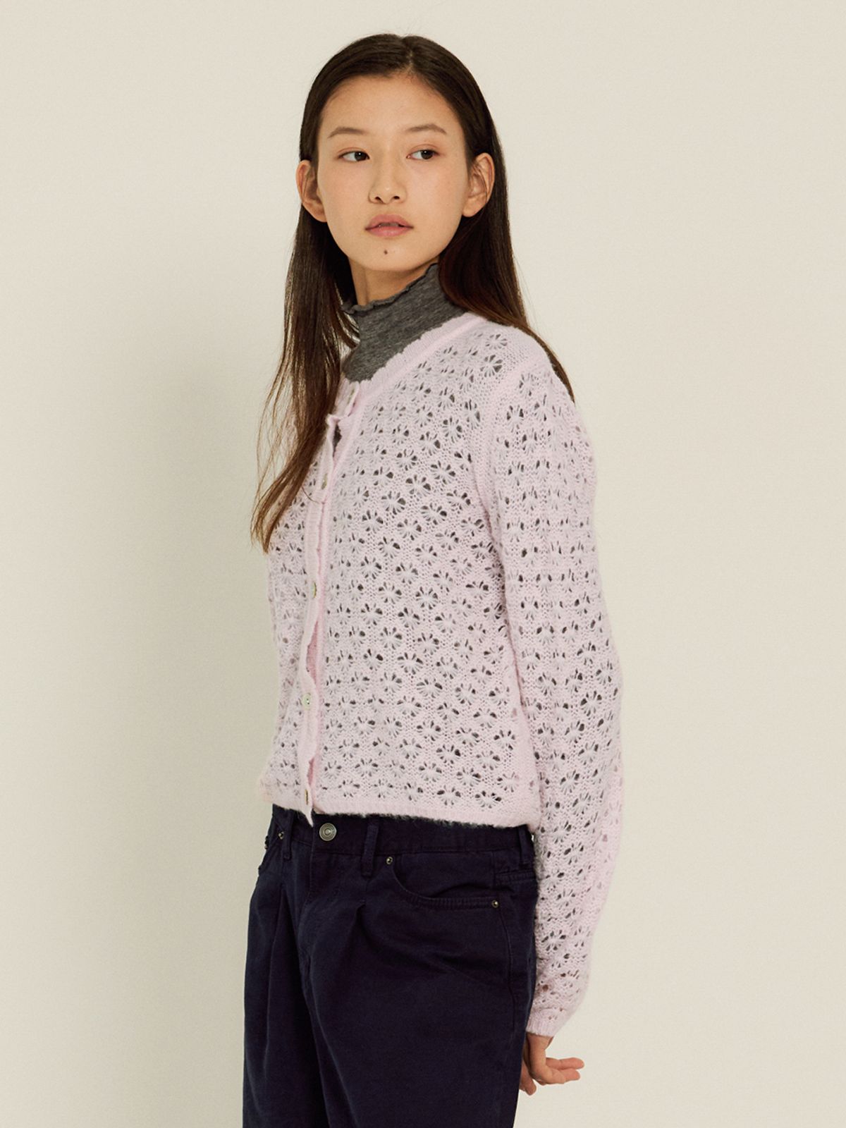 시엔느(SIENNE) Swan Crochet Wool Cardigan (Light Pink)