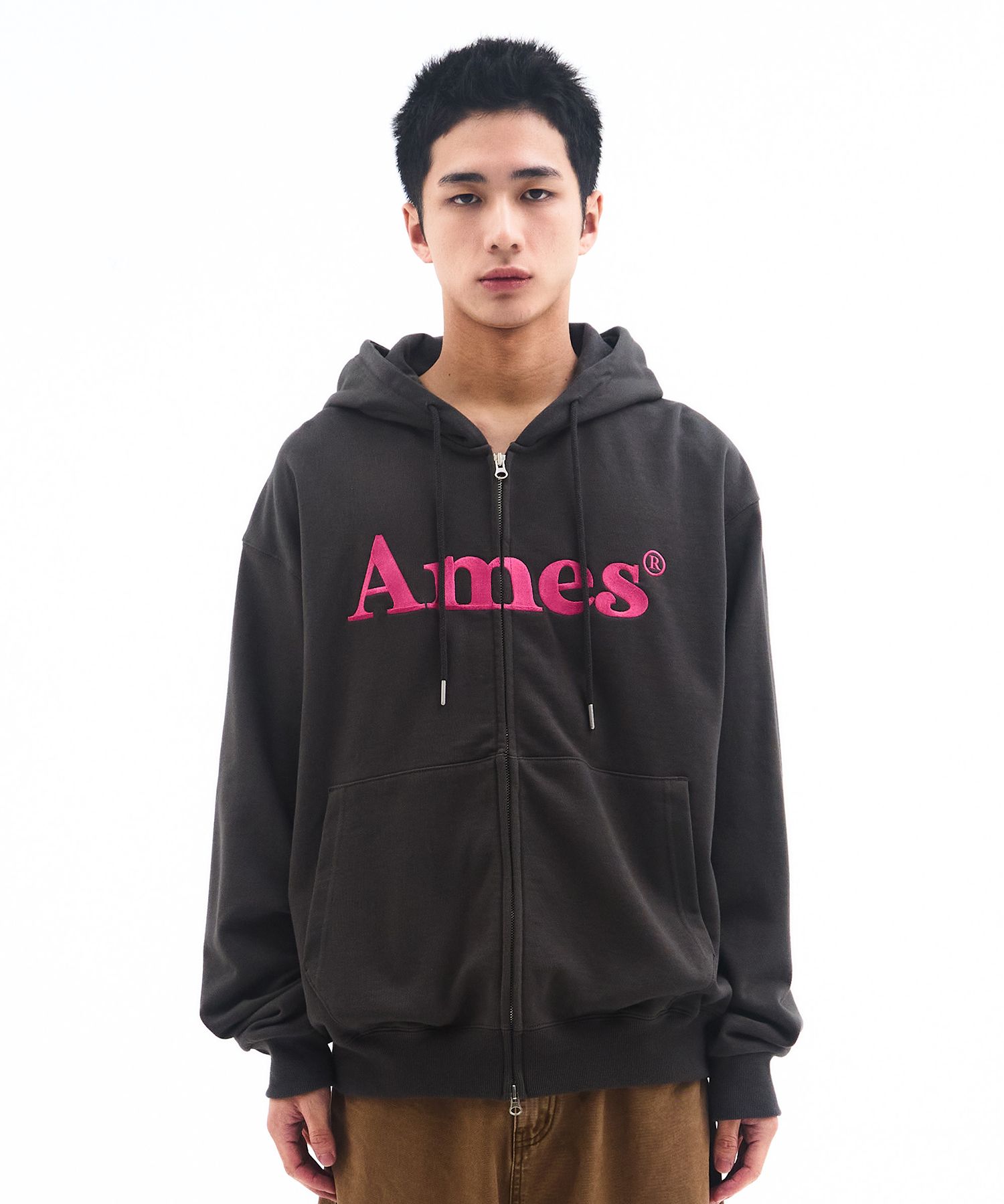MUSINSA | AMES-WORLDWIDE BASIC LOGO HOODIE ZIP UP CHARCOAL