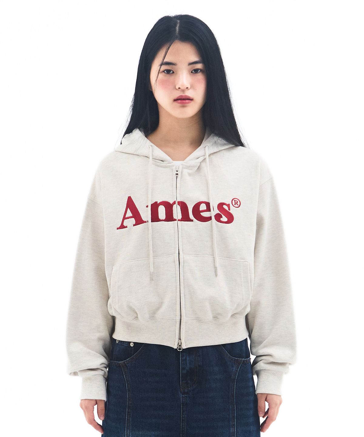 아메스 월드와이드(AMES-WORLDWIDE) BASIC LOGO HOODIE ZIP UP OATMEAL
