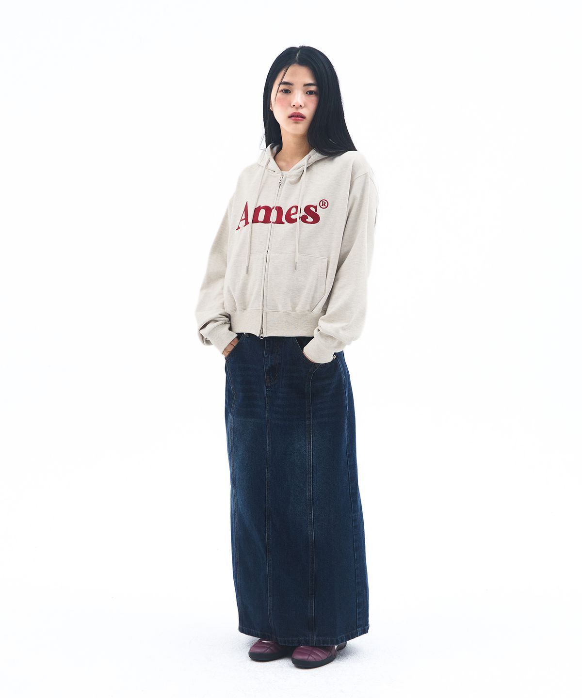 아메스 월드와이드(AMES-WORLDWIDE) BASIC LOGO HOODIE ZIP UP OATMEAL