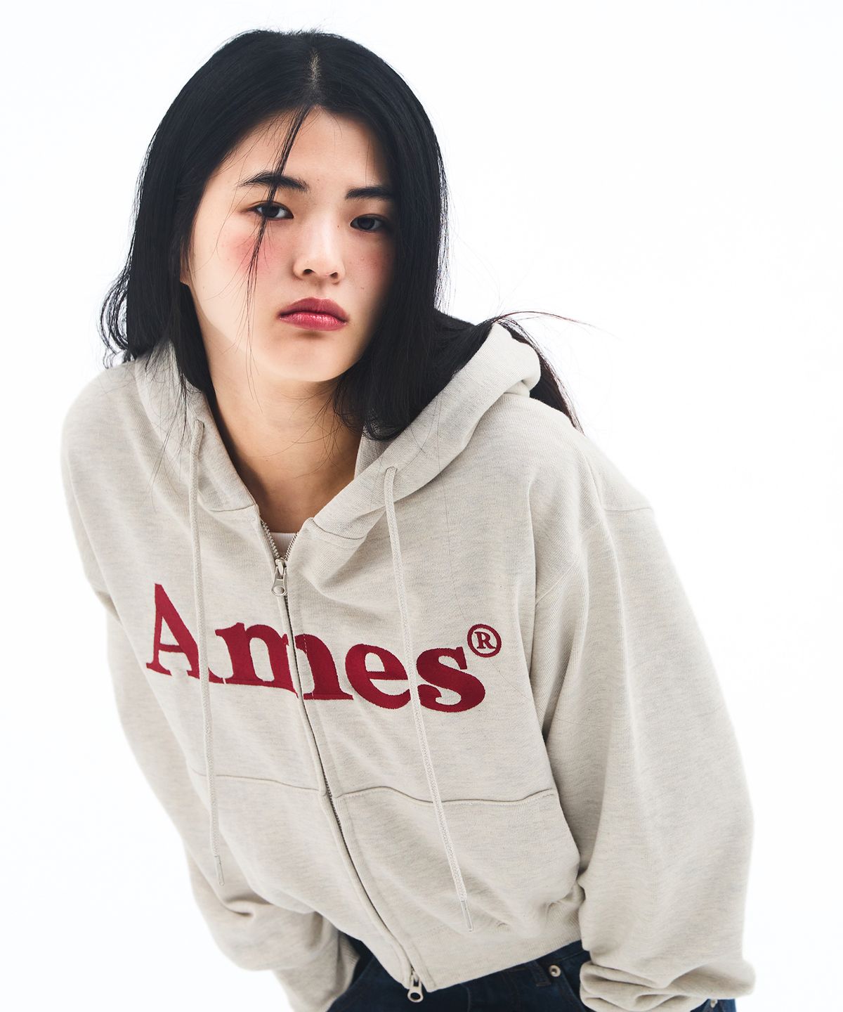 아메스 월드와이드(AMES-WORLDWIDE) BASIC LOGO HOODIE ZIP UP OATMEAL