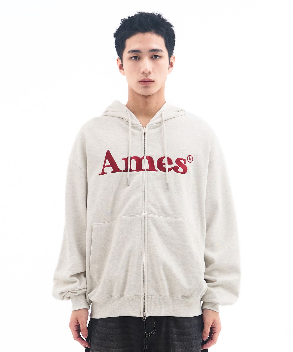 아메스 월드와이드(AMES-WORLDWIDE) BASIC LOGO HOODIE ZIP UP OATMEAL
