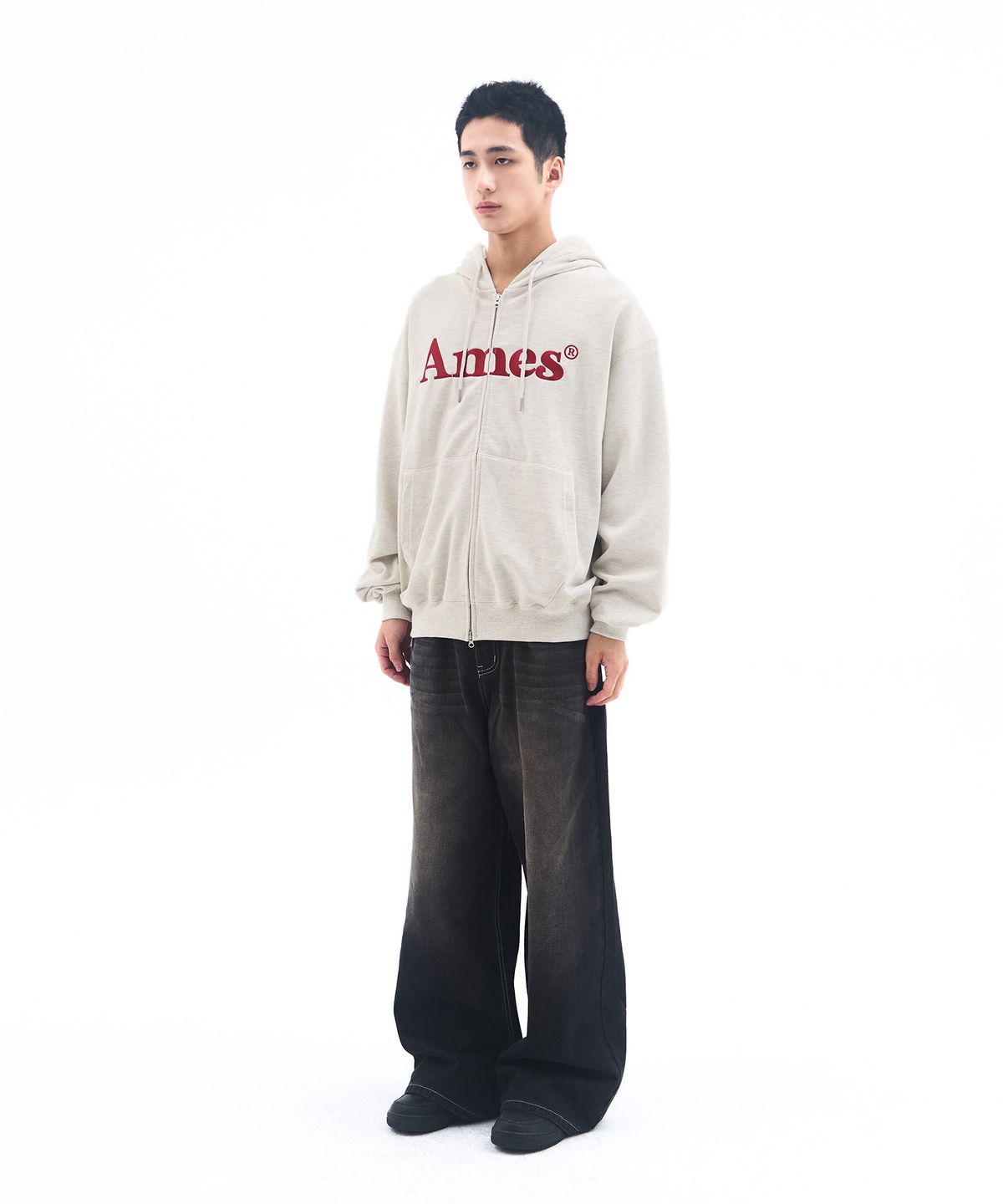 아메스 월드와이드(AMES-WORLDWIDE) BASIC LOGO HOODIE ZIP UP OATMEAL