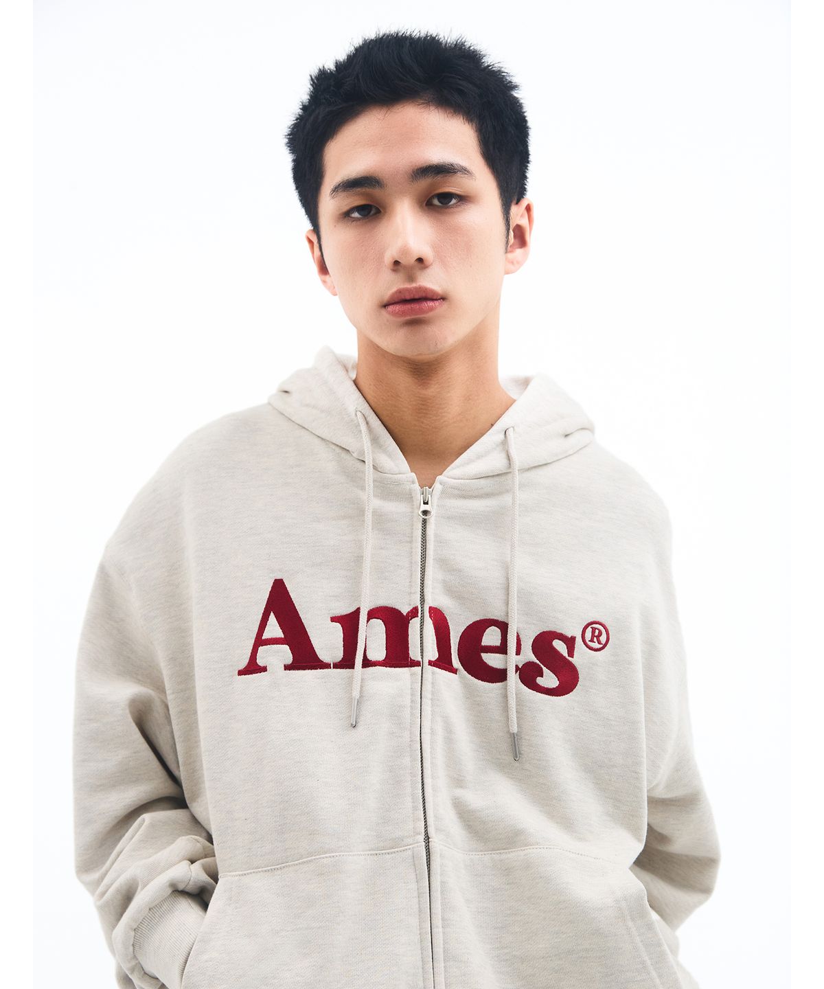 아메스 월드와이드(AMES-WORLDWIDE) BASIC LOGO HOODIE ZIP UP OATMEAL