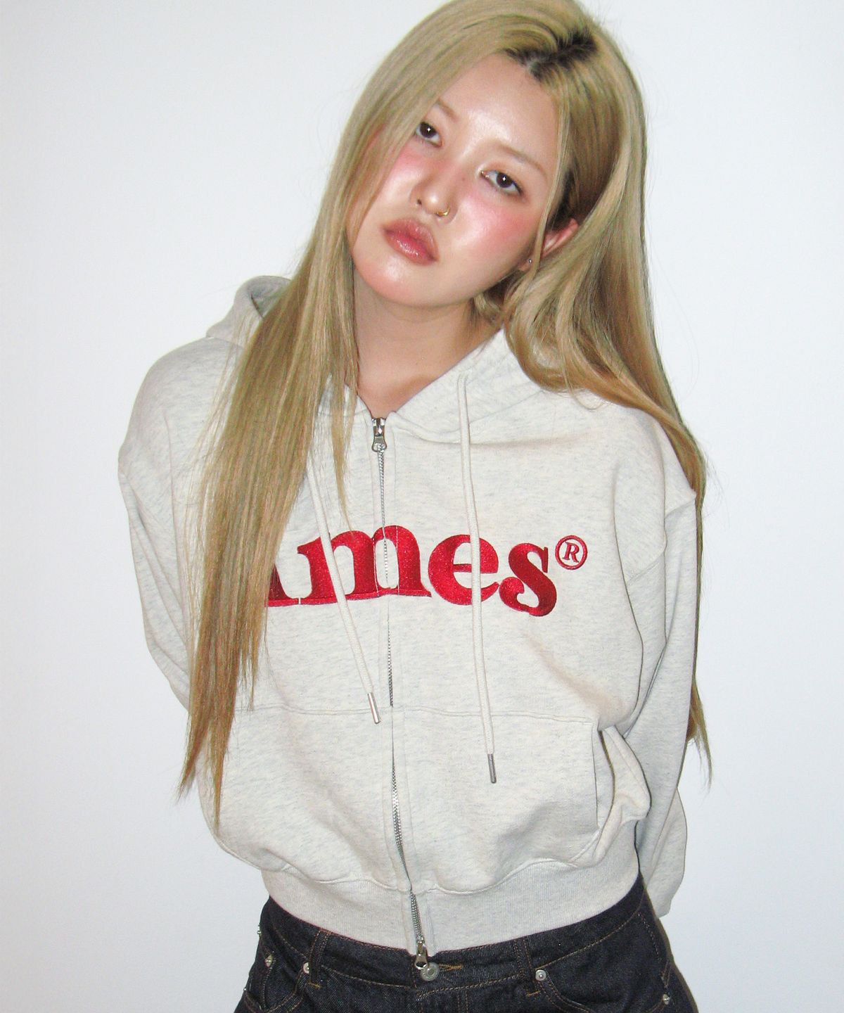 아메스 월드와이드(AMES-WORLDWIDE) BASIC LOGO HOODIE ZIP UP OATMEAL
