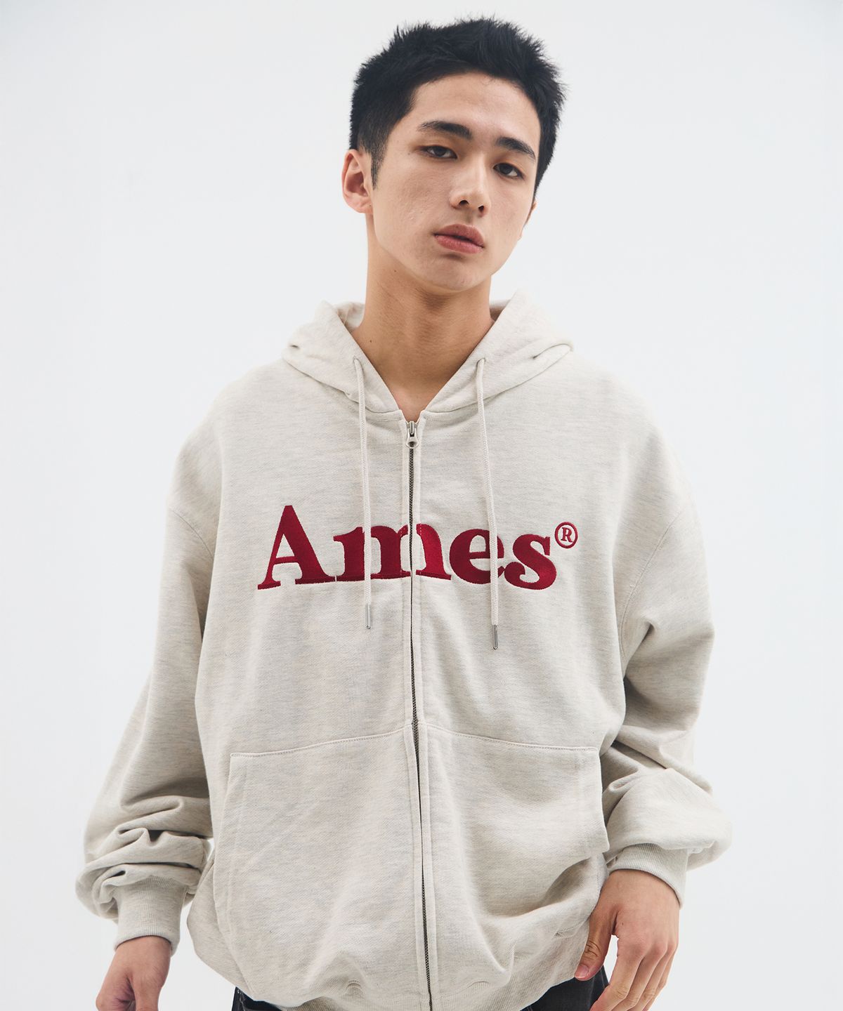 아메스 월드와이드(AMES-WORLDWIDE) BASIC LOGO HOODIE ZIP UP OATMEAL