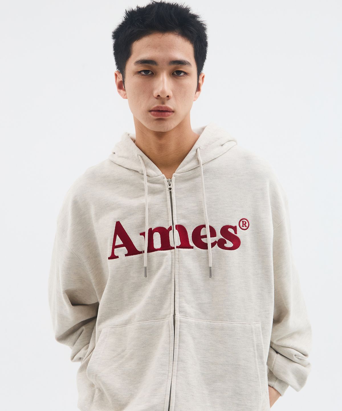 아메스 월드와이드(AMES-WORLDWIDE) BASIC LOGO HOODIE ZIP UP OATMEAL